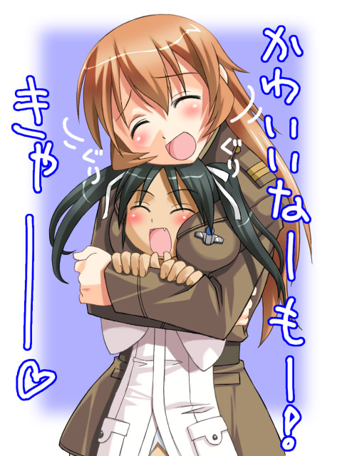 umekichi, charlotte e. yeager, francesca lucchini, strike witches, world witches series, uniform, translated, 00s, 2girls, between breasts, black hair, blush, breasts, closed eyes, fang, head between breasts, height difference, hug, long hair, multiple girls, red hair, smile, twintails, yuri