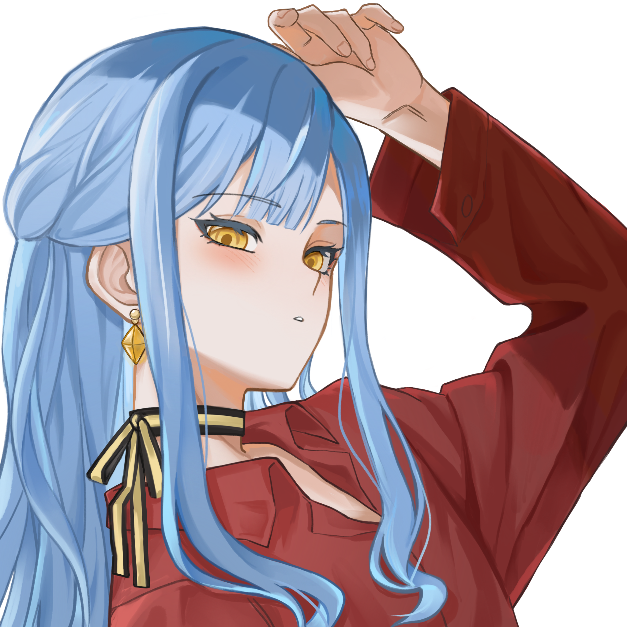 omo cccc, togawa sakiko, bang dream!, bang dream! it's mygo!!!!!, chinese commentary, commentary request, highres, 1girl, blue hair, blush, choker, earrings, half updo, jewelry, long hair, long sleeves, parted lips, red shirt, ribbon choker, shirt, sidelocks, simple background, solo, upper body, white background, yellow eyes