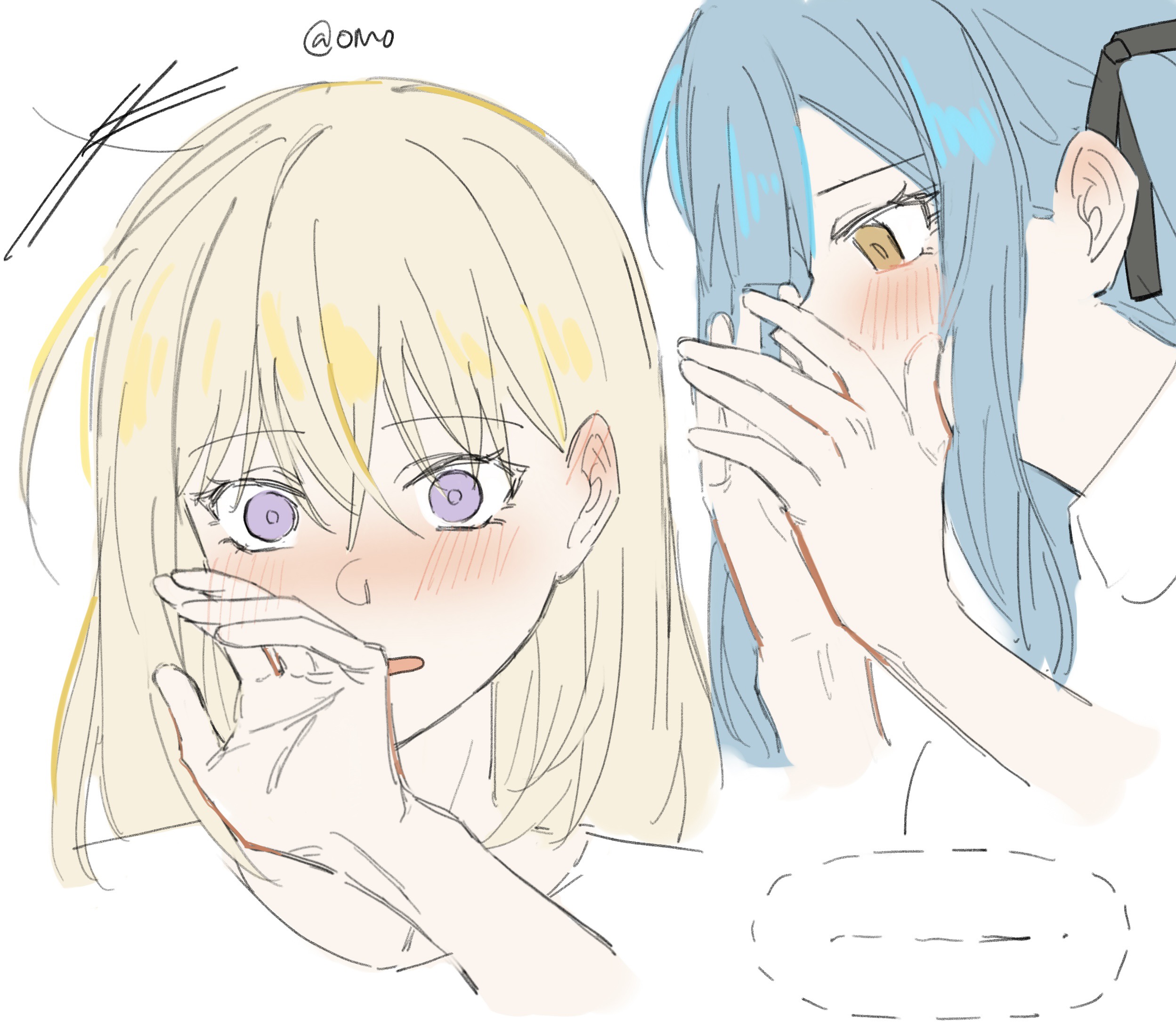 omo cccc, misumi uika, togawa sakiko, bang dream!, bang dream! it's mygo!!!!!, chinese commentary, commentary request, highres, 2girls, black ribbon, blonde hair, blue hair, blush, hair between eyes, hair ribbon, hand up, long hair, medium hair, multiple girls, open mouth, purple eyes, ribbon, sidelocks, simple background, whispering, whispering in ear, white background