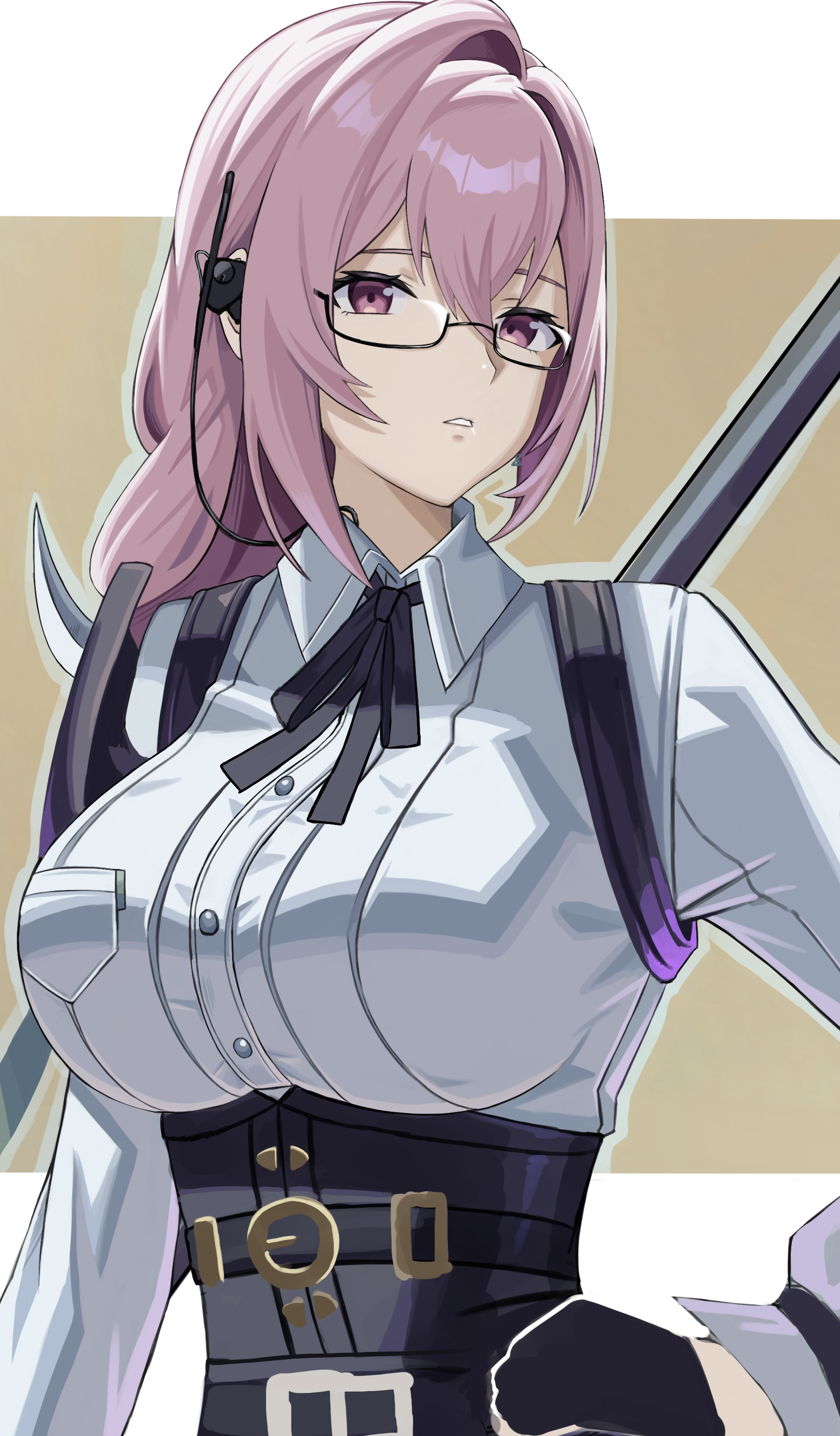 rxo2xs, tsukishiro yanagi, zenless zone zero, absurdres, highres, 1girl, black-framed eyewear, black gloves, black shorts, closed mouth, collared shirt, glasses, gloves, hand on own hip, long hair, looking at viewer, pink hair, purple eyes, shirt, shorts, solo, white shirt