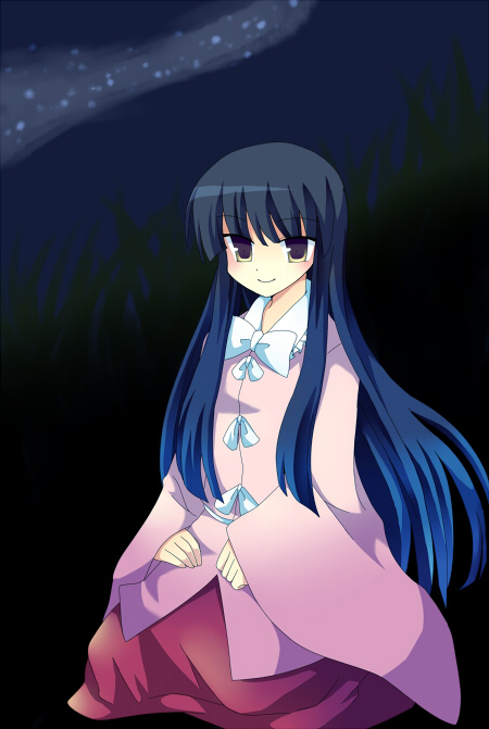 mikage natsu, houraisan kaguya, touhou, 1girl, black hair, bow, bowtie, cowboy shot, female focus, long hair, long sleeves, looking at viewer, red eyes, sidelocks, solo, very long hair, white bow, white bowtie, wide sleeves