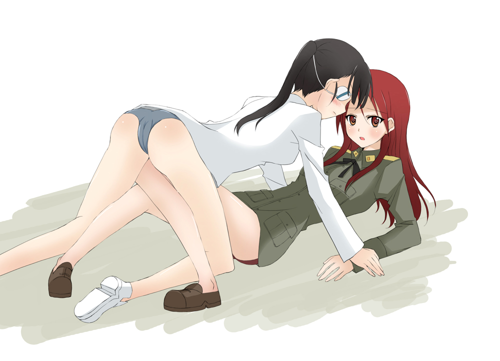 kanata (pixiv), kanata (sentiment), minna-dietlinde wilcke, sakamoto mio, strike witches, world witches series, uniform, 00s, 2girls, black hair, blush, cameltoe, couple, eyepatch, long hair, multiple girls, red hair, swimsuit, yuri