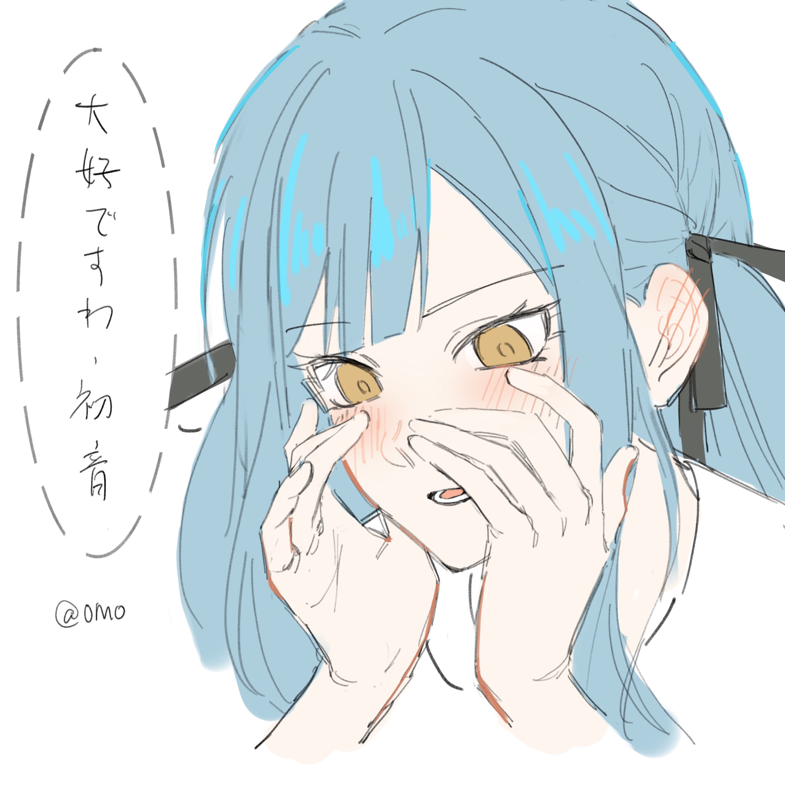 omo cccc, togawa sakiko, bang dream!, bang dream! it's mygo!!!!!, absurdres, chinese commentary, commentary request, highres, spoilers, translated, 1girl, black ribbon, blue hair, blush, ear blush, hair ribbon, long hair, lower teeth only, open mouth, ribbon, sidelocks, simple background, solo, teeth, white background, yellow eyes, yuri