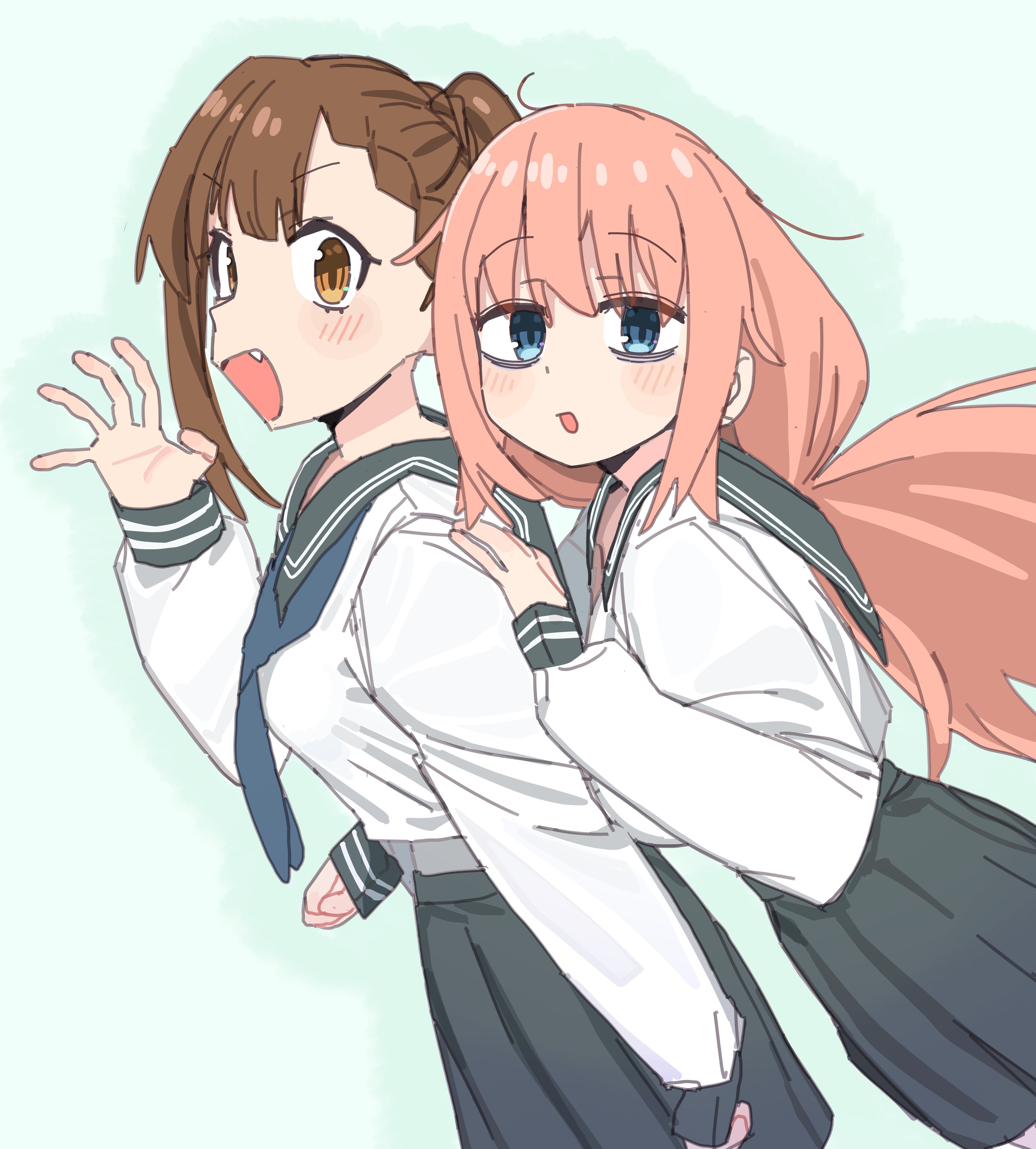 yana (muuimiingan), kotobuki hisako, michinoku komaro, seitokai ni mo ana wa aru!, absurdres, highres, 2girls, blue eyes, breasts, brown eyes, brown hair, long hair, multiple girls, open mouth, school uniform, skirt