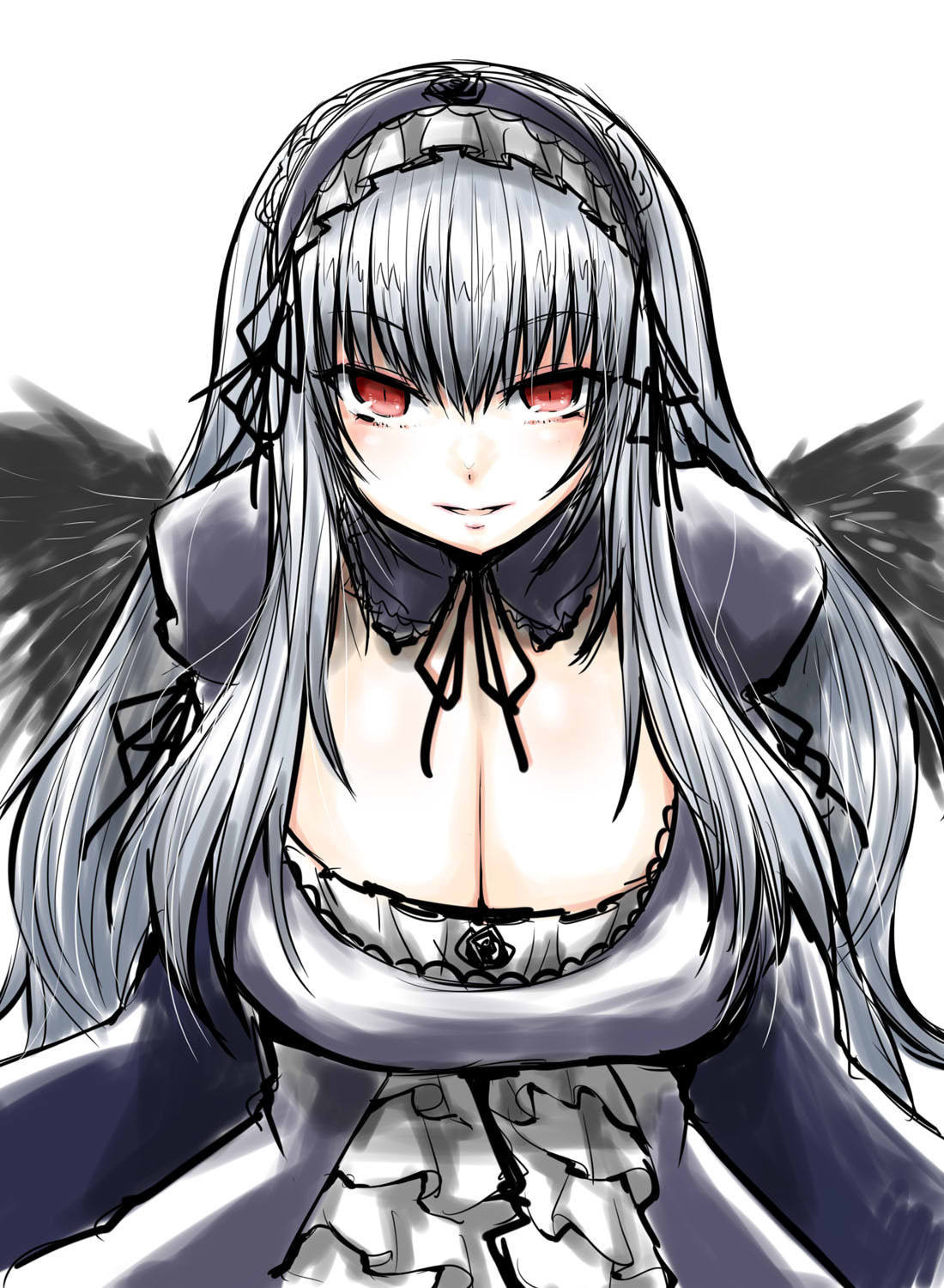 itini-sanshi, suigintou, rozen maiden, commentary request, highres, 1girl, alternate breast size (larger), black collar, black dress, black hairband, black ribbon, black wings, blush, breasts, cleavage, collar, cowboy shot, detached collar, dress, feathered wings, frilled hairband, frills, gothic lolita, grey hair, hair ribbon, hairband, large breasts, leaning forward, lolita fashion, lolita hairband, long hair, looking at viewer, neck ribbon, red eyes, ribbon, simple background, solo, white background, wings