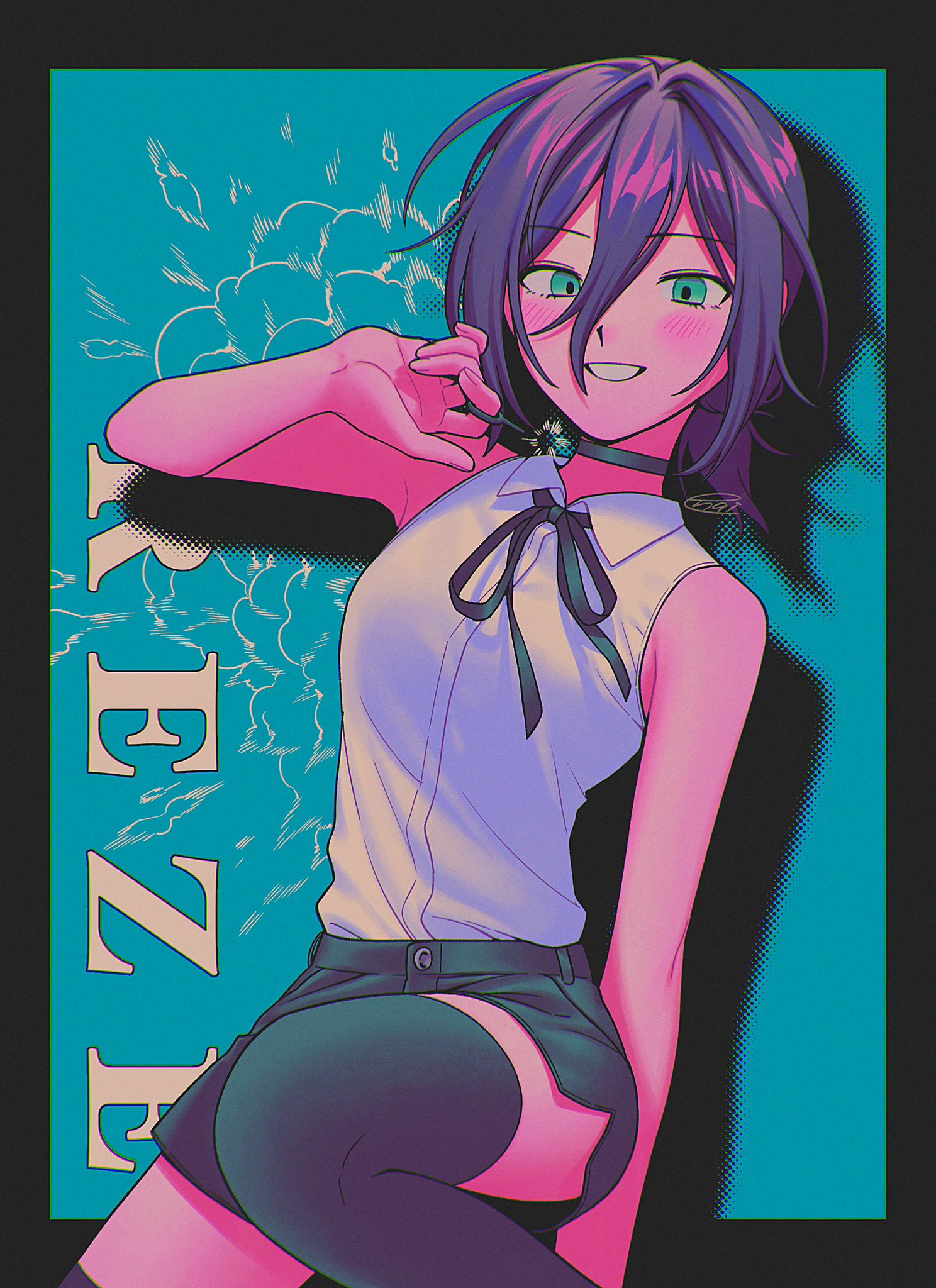 menma (enaic31), reze (chainsaw man), chainsaw man, commentary, highres, symbol-only commentary, 1girl, :d, aqua background, arm behind back, bare arms, bare shoulders, black border, black choker, black ribbon, black skirt, black thighhighs, blush, border, breasts, character name, choker, chromatic aberration, collared shirt, colored skin, cowboy shot, double-parted bangs, faux retro artstyle, film grain, fingernails, green eyes, grin, hair between eyes, hair intakes, halftone, halftone background, hand up, knee up, long hair between eyes, low ponytail, miniskirt, neck ribbon, open mouth, outside border, pink skin, ponytail, purple hair, ribbon, shirt, shirt tucked in, short hair, short ponytail, side slit, signature, simple background, skirt, sleeveless, sleeveless shirt, small breasts, smile, solo, standing, thighhighs, white shirt