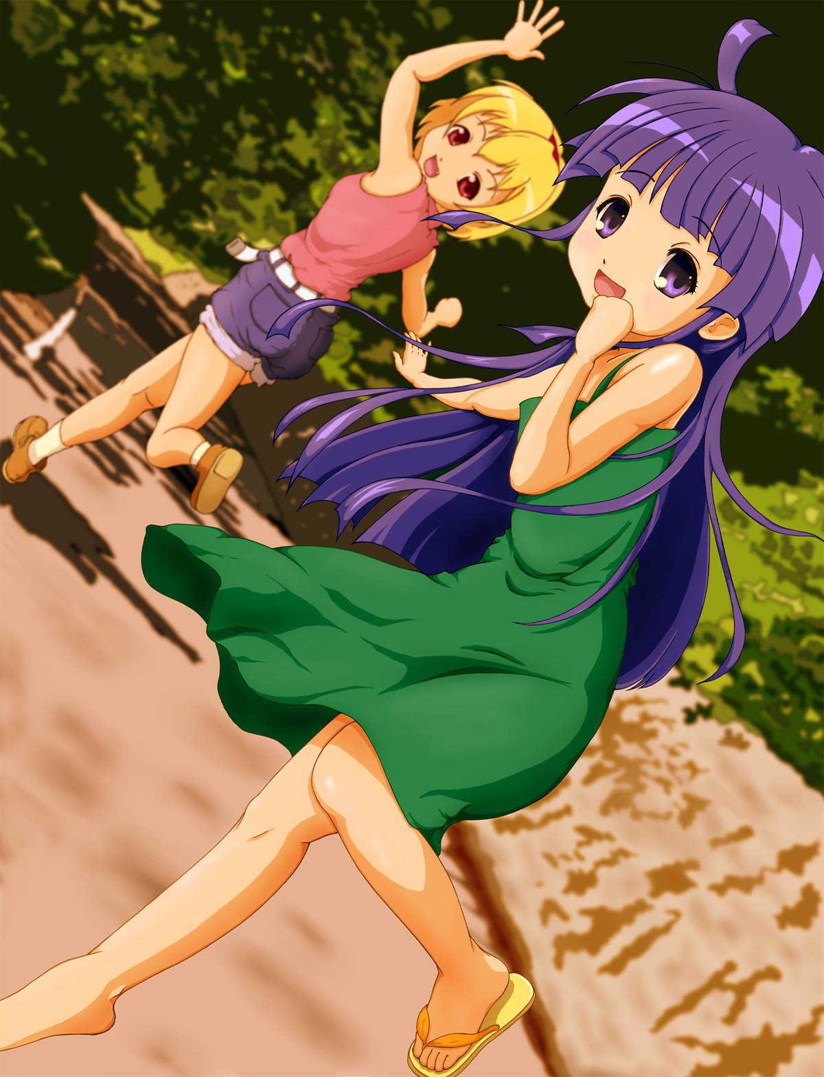 paiboon, furude rika, houjou satoko, higurashi no naku koro ni, bad id, bad pixiv id, highres, 00s, 2girls, belt, blonde hair, blue hair, dress, dutch angle, fang, green skirt, hairband, headband, long hair, looking back, multiple girls, purple eyes, red eyes, road, running, sandals, shirt, short hair, shorts, skirt, sleeveless, smile, tree