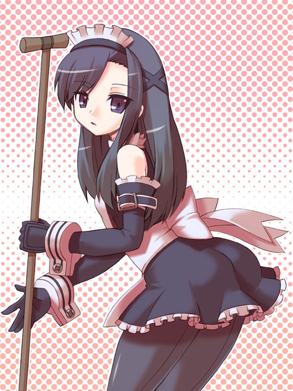 yukimura tsubame, yuukyuu no sharin, 1girl, black eyes, black hair, bracelet, elbow gloves, female focus, gloves, jewelry, long hair, maid, pantyhose, purple eyes, solo