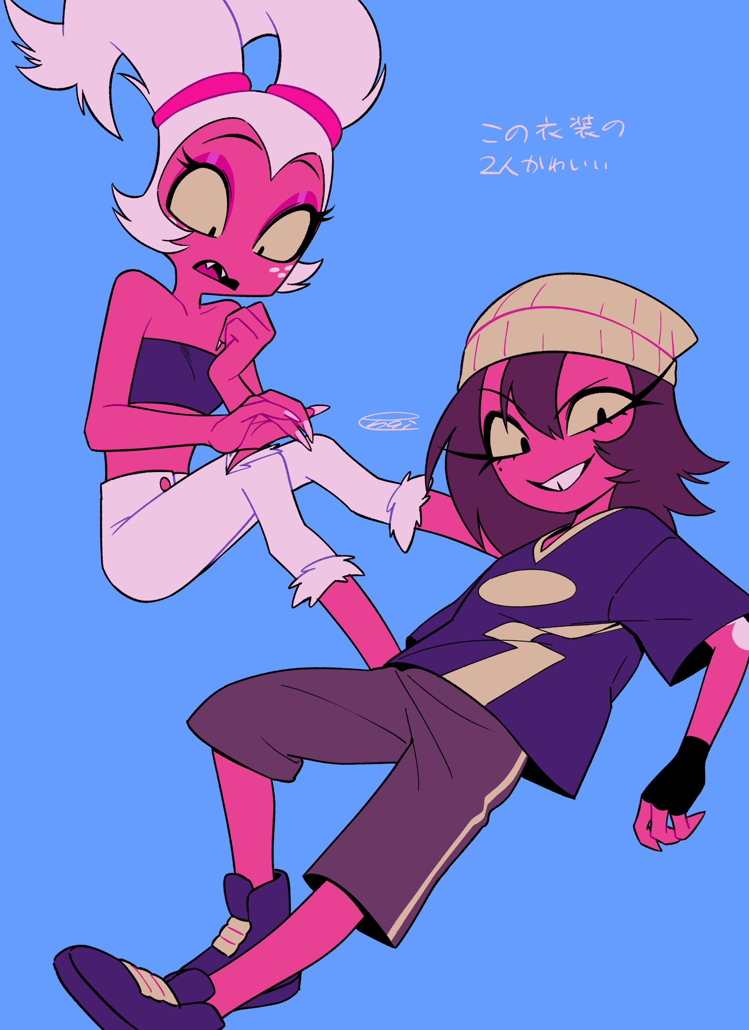 menma (enaic31), millie (helluva boss), moxxie (helluva boss), hellaverse, helluva boss, highres, translation request, 1boy, 1girl, :d, bare arms, bare shoulders, black eyes, black shirt, black shoes, black tube top, brown hair, brown pants, buttons, collarbone, colored sclera, colored skin, crossdressing, crossdressing (ftm), crossdressing (mtf), demon boy, demon girl, double-parted bangs, eyeshadow, fangs, fewer digits, freckles, full body, fur-trimmed pants, fur trim, grin, hair between eyes, husband and wife, invisible chair, knees apart feet together, knees together feet apart, looking at viewer, looking down, lower eyelashes only, makeup, medium hair, midriff, official alternate costume, official alternate hairstyle, open mouth, oversized clothes, oversized shirt, pants, pink eyeshadow, raised eyebrow, raised eyebrows, red skin, shirt, shoes, short sleeves, signature, simple background, sitting, smile, standing, strapless, tongue, tube top, twintails, white hair, white pants, yellow sclera