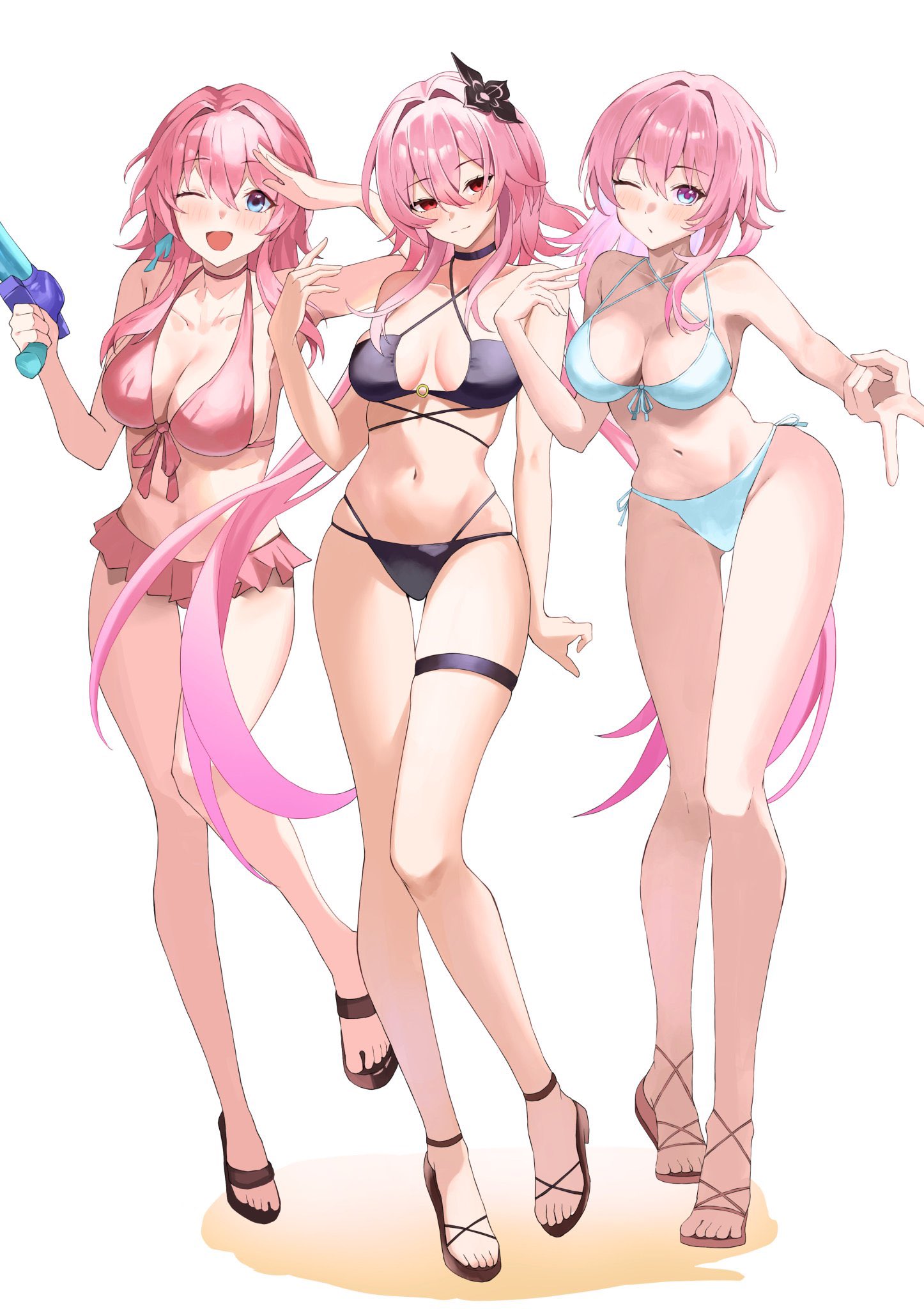 higashiwun izumi, evernight (honkai: star rail), march 7th (honkai: star rail), march 7th (preservation) (honkai: star rail), honkai: star rail, honkai (series), character request, commentary, highres, 3girls, alternate costume, bikini, black bikini, blush, breasts, breasts apart, cleavage, closed mouth, collarbone, full body, gyaru v, hair between eyes, hand up, holding, holding water gun, large breasts, long hair, looking at viewer, multiple girls, multiple persona, navel, one eye closed, pink eyes, pink hair, red eyes, sandals, side-tie bikini bottom, simple background, smile, standing, stomach, swimsuit, toes, v, very long hair, water gun, white background, white bikini