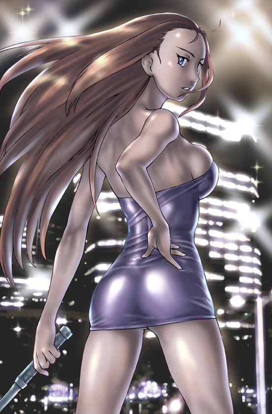 ueyama michirou, mikami reiko, ghost sweeper mikami, md5 mismatch, resolution mismatch, source larger, 1girl, ass, blue eyes, city, cocktail dress, dress, female focus, long hair, orange hair, retro artstyle, solo, strapless, strapless dress, tube dress