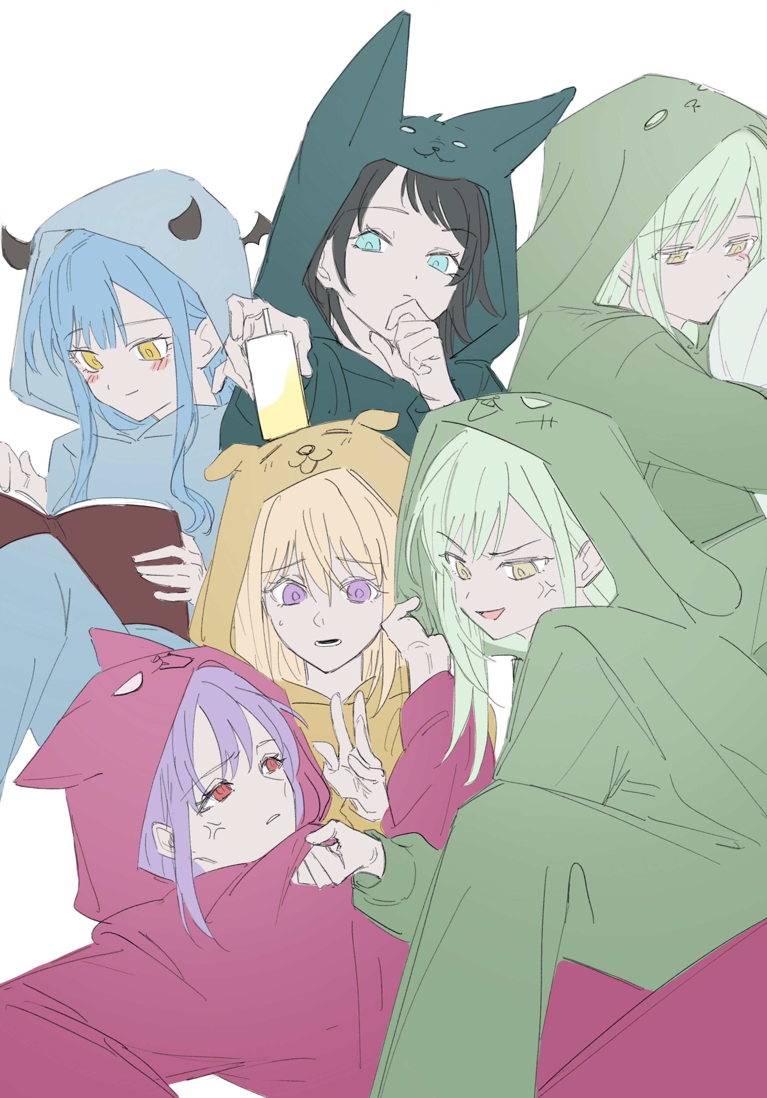 omo cccc, misumi uika, mortis (bang dream!), mortis (persona) (bang dream!), togawa sakiko, wakaba mutsumi, yahata umiri, yuutenji nyamu, ave mujica (bang dream!), bang dream!, bang dream! it's mygo!!!!!, absurdres, chinese commentary, commentary request, highres, 5girls, anger vein, black hair, blonde hair, blue eyes, blue hair, book, carton, clothes grab, dual persona, green hair, hair between eyes, hood, hood down, hood up, long hair, medium hair, multiple girls, onesie, purple eyes, purple hair, red eyes, sidelocks, simple background, sweatdrop, white background, yellow eyes
