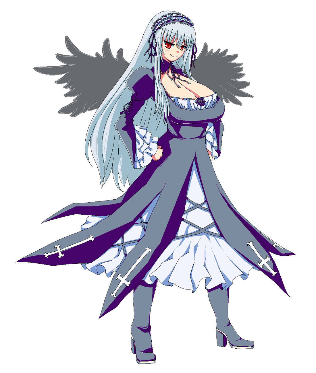 itini-sanshi, suigintou, rozen maiden, commentary request, highres, 1girl, alternate breast size (larger), black collar, black hairband, black ribbon, boots, breasts, cleavage, closed mouth, collar, cross, cross-laced clothes, cross-laced dress, cross print, detached collar, dress, feathered wings, frilled dress, frilled hairband, frills, full body, gothic lolita, grey boots, grey dress, grey hair, grey wings, hair ribbon, hairband, juliet sleeves, large breasts, layered dress, lolita fashion, lolita hairband, long hair, long sleeves, looking at viewer, neck ribbon, puffy sleeves, red eyes, ribbon, simple background, smile, solo, standing, very long hair, white background, white dress, wings