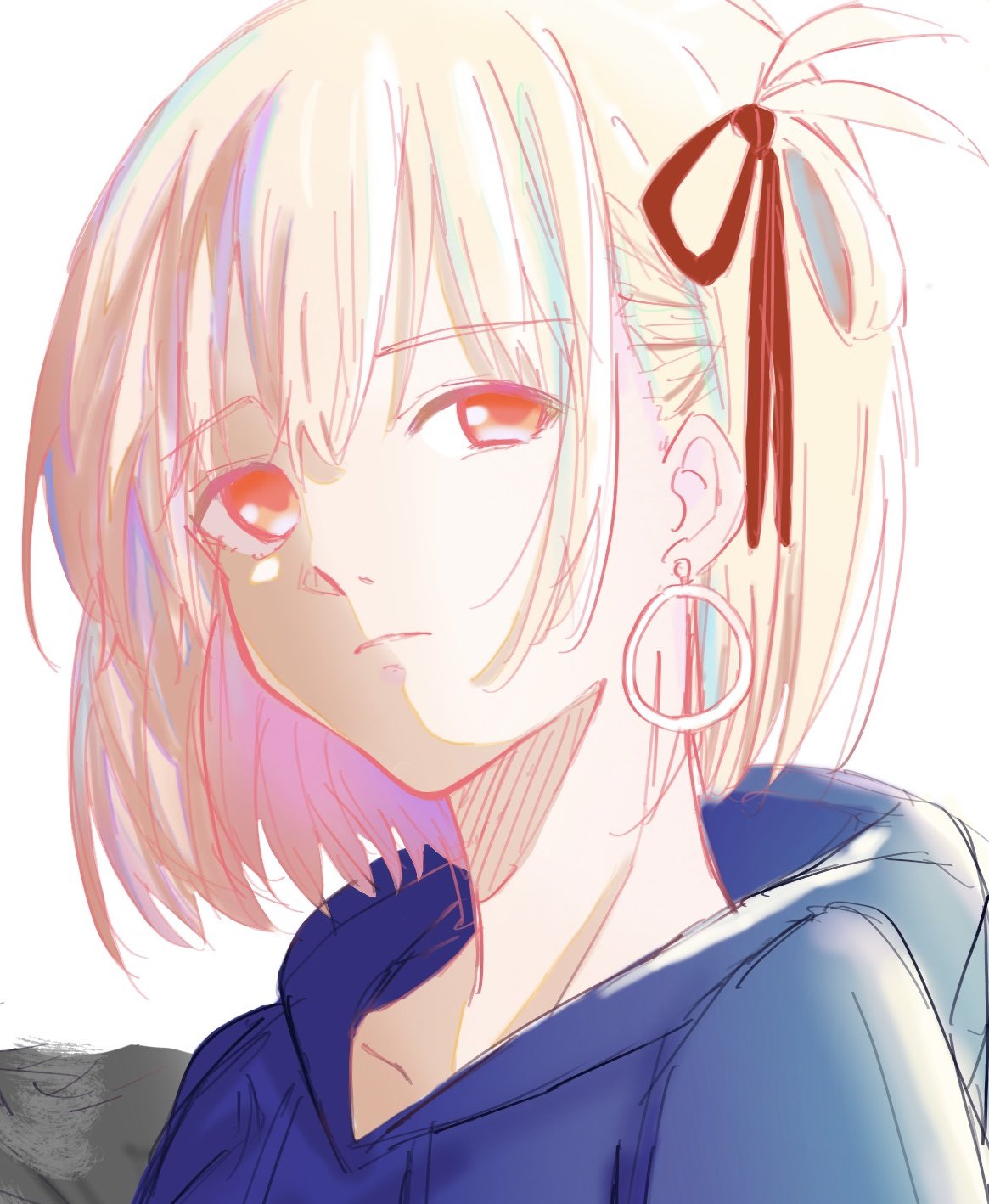 omo cccc, nishikigi chisato, lycoris recoil, commentary, hashtag-only commentary, highres, 1girl, blonde hair, blue hoodie, earrings, hair ribbon, hood, hood down, hoodie, jewelry, looking at viewer, one side up, parted lips, red eyes, red ribbon, ribbon, short hair, simple background, solo, upper body, white background