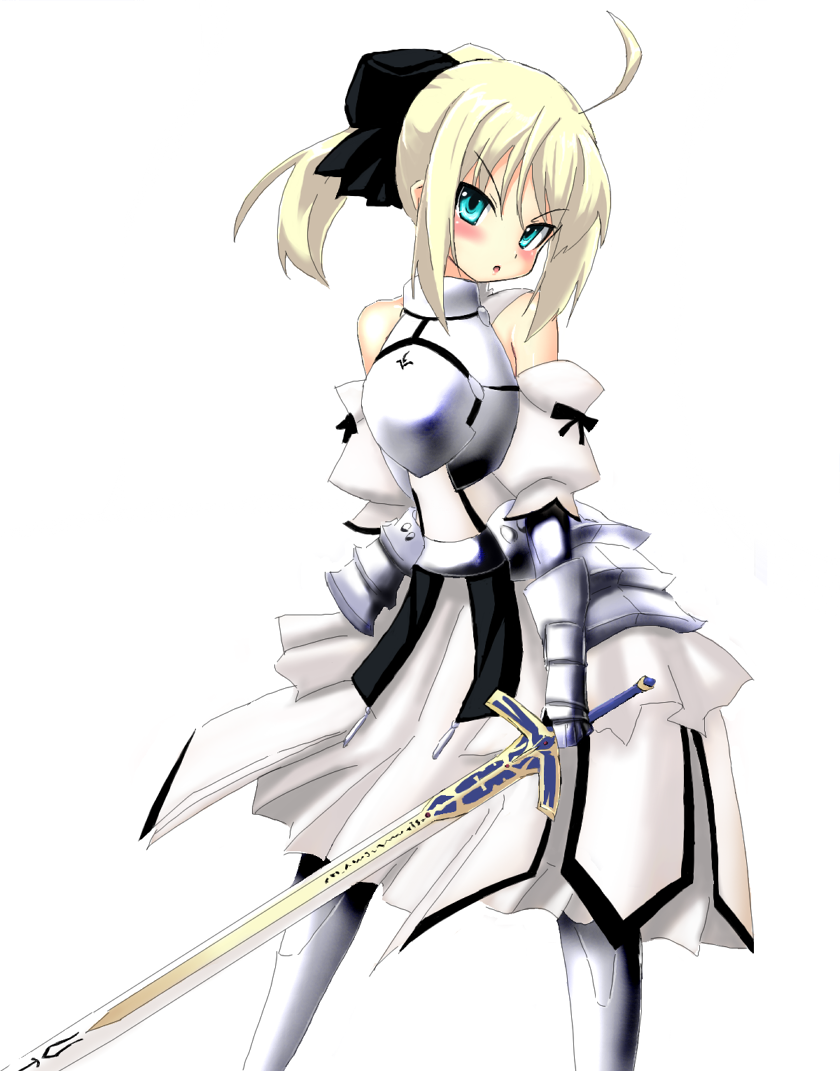 grune, haruyuki, artoria pendragon (fate), saber (fate), saber lily, capcom, fate/stay night, fate/unlimited codes, fate (series), 00s, 1girl, ahoge, aqua eyes, armor, armored dress, bare shoulders, blonde hair, detached sleeves, dress, female focus, hair ribbon, ponytail, ribbon, simple background, solo, sword, weapon
