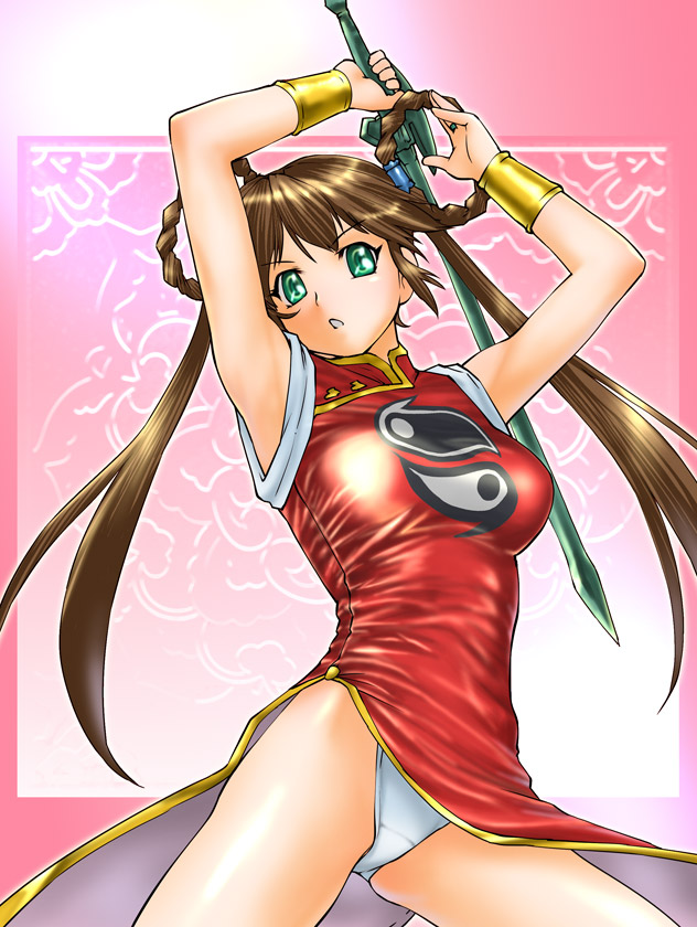 ueyama michirou, mano youko, mamono hunter youko, 1990s (style), braid, brown hair, china dress, chinese clothes, dress, green eyes, panties, pantyshot, retro artstyle, solo, sword, twin braids, twintails, underwear, weapon