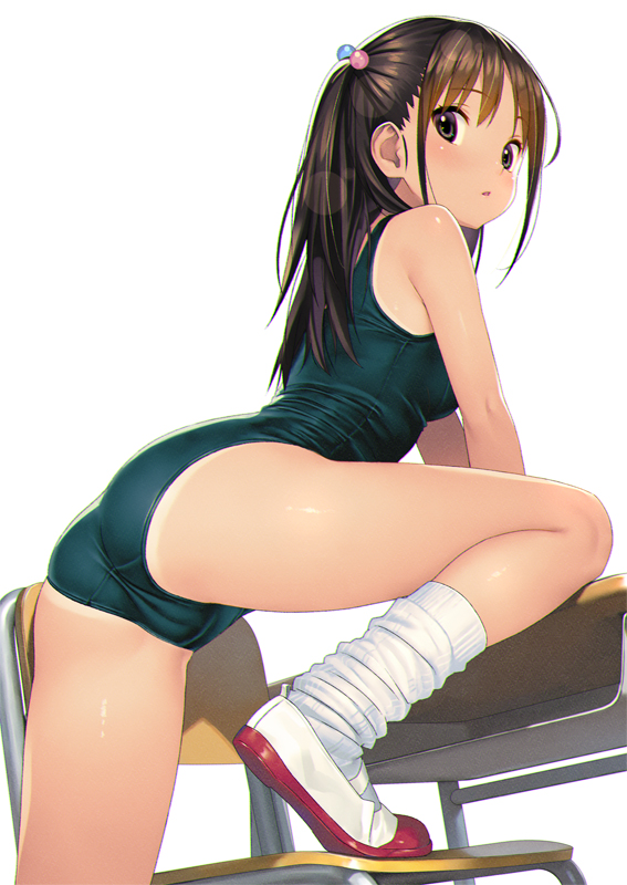 koutaro, original, 1girl, arm support, ass, bare shoulders, blue one-piece swimsuit, blush, brown eyes, brown hair, cameltoe, chair, desk, from behind, hair ornament, long hair, looking at viewer, loose socks, multicolored hair bobbles, old school swimsuit, one-piece swimsuit, one-piece tan, open mouth, school chair, school desk, school swimsuit, shoes, socks, solo, swimsuit, tan, tanline, uwabaki, white socks