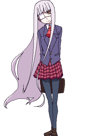 ifuji shinsen, original, lowres, 1girl, blazer, eyepatch, female focus, head tilt, jacket, pantyhose, pixel art, school uniform, solo
