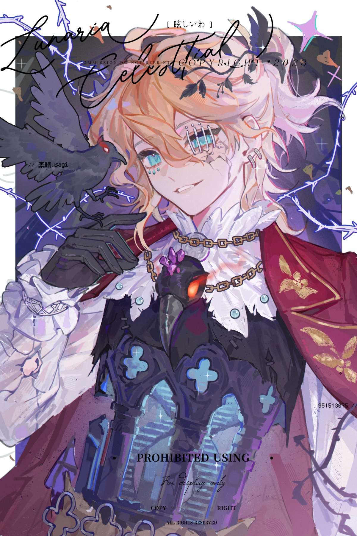 luca balsa, identity v, commission, highres, 1boy, bird, bird on hand, black gloves, blonde hair, blue eyes, chain, cracked face, crow, earrings, frilled shirt collar, frilled sleeves, frills, gloves, hollow body, jacket, jewelry, laji0541, looking at viewer, luca balsa (fugue for dawn), male focus, official alternate costume, one eye covered, plant, ponytail, red jacket, shirt, smile, stairs, wavy hair, white shirt