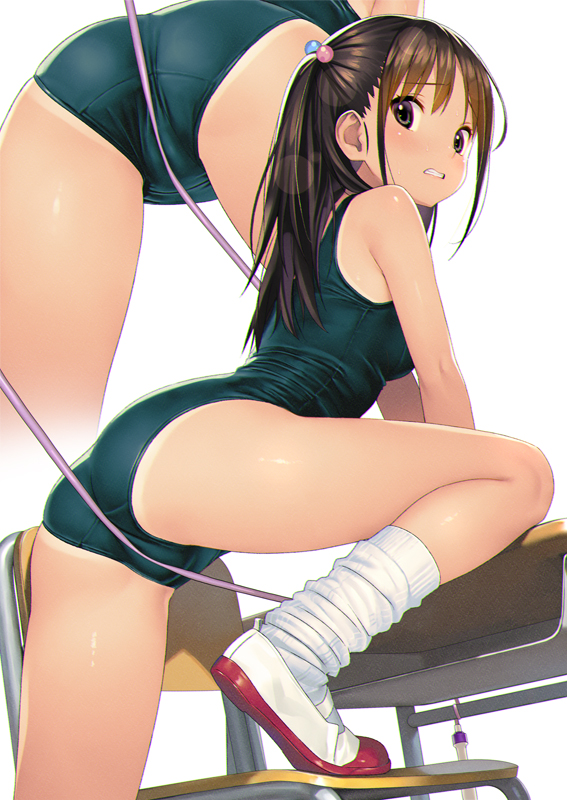 koutaro, original, 1girl, arm support, ass, bare shoulders, bdsm, between legs, blue one-piece swimsuit, blush, bondage, bound, brown eyes, brown hair, cameltoe, chair, clenched teeth, crotch rope, desk, from behind, hair ornament, long hair, looking at viewer, loose socks, multicolored hair bobbles, old school swimsuit, one-piece swimsuit, one-piece tan, open mouth, rope, school chair, school desk, school swimsuit, shoes, socks, solo, swimsuit, tan, tanline, teeth, uwabaki, white socks
