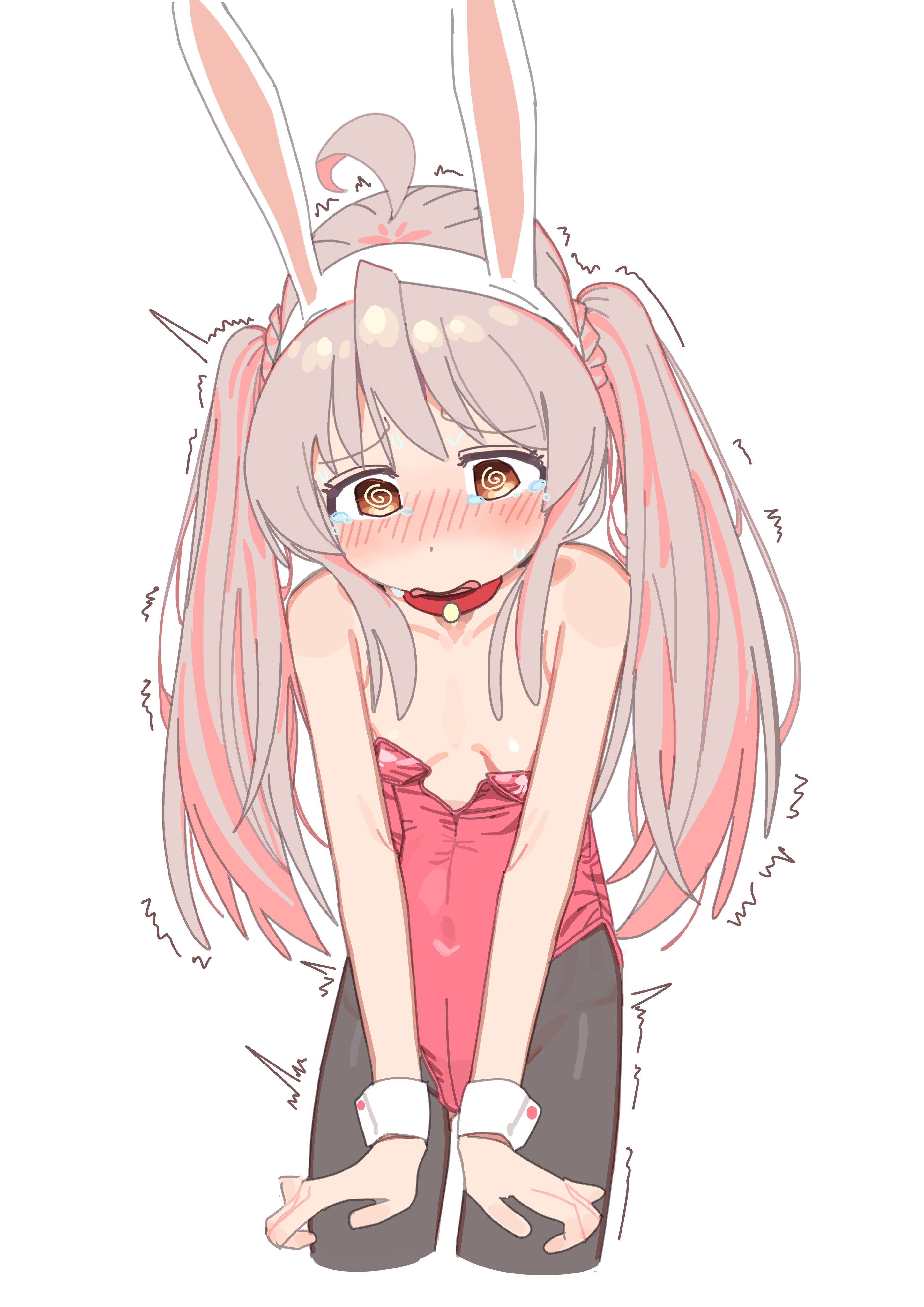 yana (muuimiingan), oyama mahiro, onii-chan wa oshimai!, absurdres, highres, 1girl, animal ears, bare shoulders, blush, colored inner hair, looking down, multicolored hair, rabbit ears, rabbit girl, shaking, trembling, trembling legs