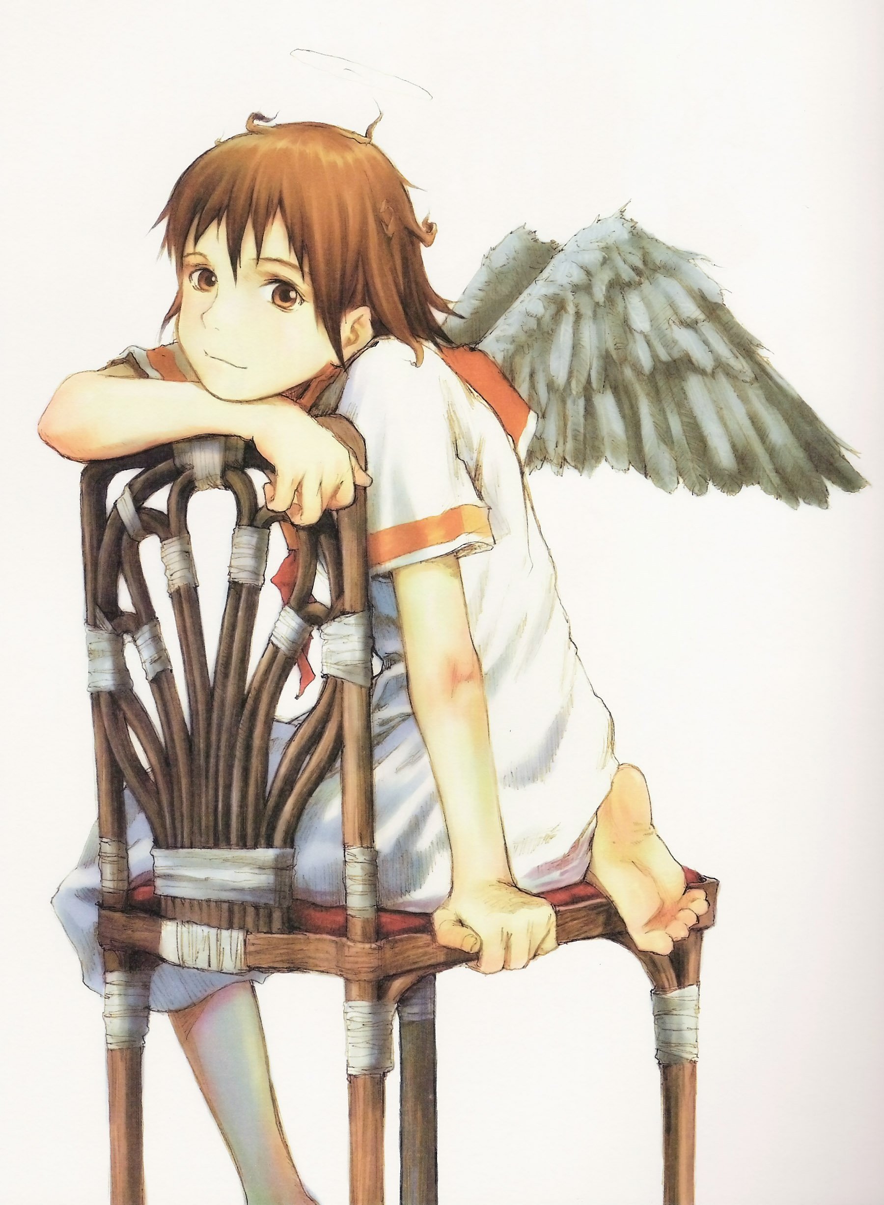 abe yoshitoshi, rakka (haibane renmei), haibane renmei, absurdres, highres, non-web source, 00s, angel wings, barefoot, brown eyes, brown hair, chair, dress, feet, halo, head rest, messy hair, on chair, school uniform, serafuku, short hair, soles, solo, toes, traditional halo, wings
