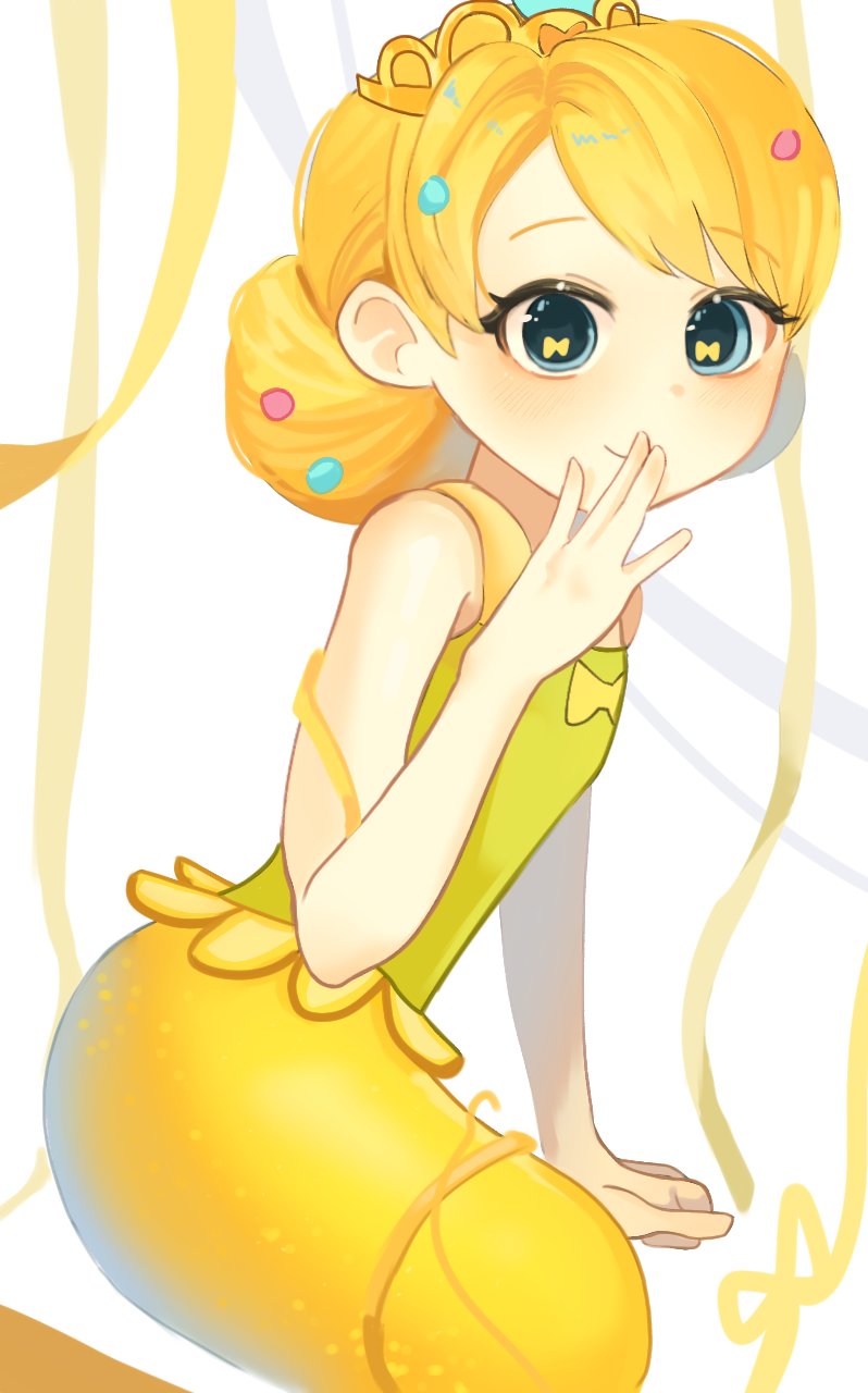 yellow gold (rainbow bubblegem), rainbow bubblegem, commentary request, highres, korean commentary, 1girl, blonde hair, blue eyes, bow in eye, closed mouth, cr s2 zi, double bun, hair bun, hand up, looking at viewer, mermaid, monster girl, ribbon, short hair, simple background, smile, solo, symbol in eye, tank top, tiara, white background, yellow ribbon, yellow tank top