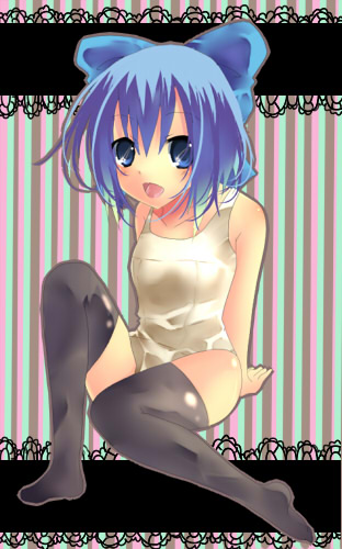 pochi-t, cirno, touhou, bad id, bad pixiv id, lowres, 1girl, blue eyes, blue hair, female focus, matching hair/eyes, one-piece swimsuit, ribbon, short hair, socks, solo, swimsuit, thighhighs