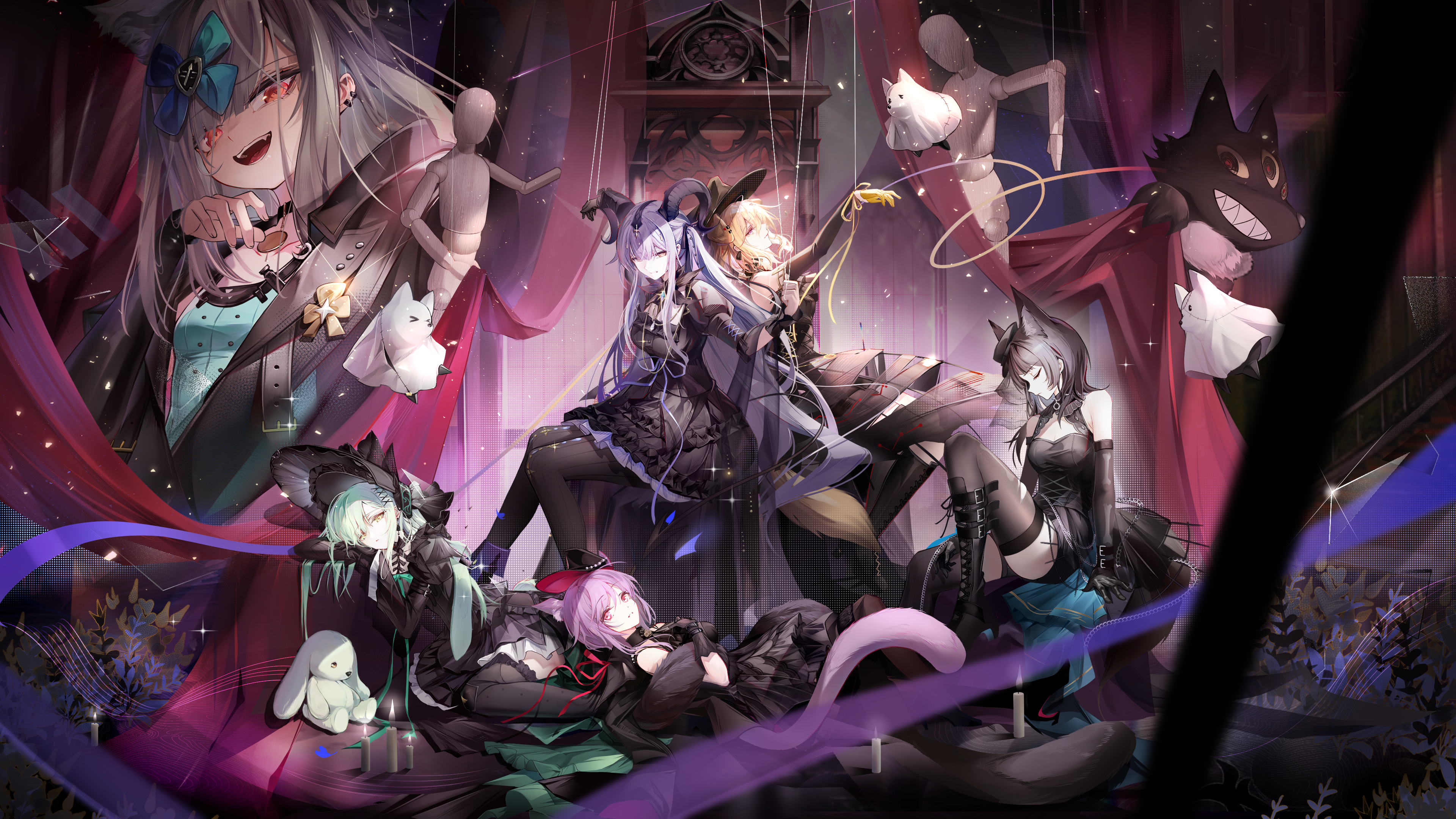 brs (33143752), misumi uika, misumi uika (caged singer), morpheus (arknights), togawa sakiko, togawa sakiko (master of melodia), wakaba mutsumi, wakaba mutsumi (marionette's id), yahata umiri, yahata umiri (moonlight executioner), yuutenji nyamu, yuutenji nyamu (magician of passion), arknights, ave mujica (bang dream!), bang dream!, bang dream! it's mygo!!!!!, absurdres, chinese commentary, commentary request, highres, 6+girls, animal ears, back-to-back, black bonnet, black boots, black choker, black dress, black gloves, black hat, black pantyhose, black shorts, black thighhighs, blonde hair, bonnet, boots, breasts, candle, cat ears, cat girl, cat tail, choker, dog ears, dog girl, dog tail, dress, ear piercing, fang, gloves, green-framed eyewear, hair between eyes, hat, horns, knee boots, long sleeves, looking at viewer, lying, mannequin, multiple girls, open mouth, pantyhose, piercing, pink eyes, puppet strings, purple hair, rabbit ears, rabbit girl, short hair, shorts, sitting, small breasts, stuffed animal, stuffed rabbit, stuffed toy, tail, thighhighs, wolf ears, wolf girl