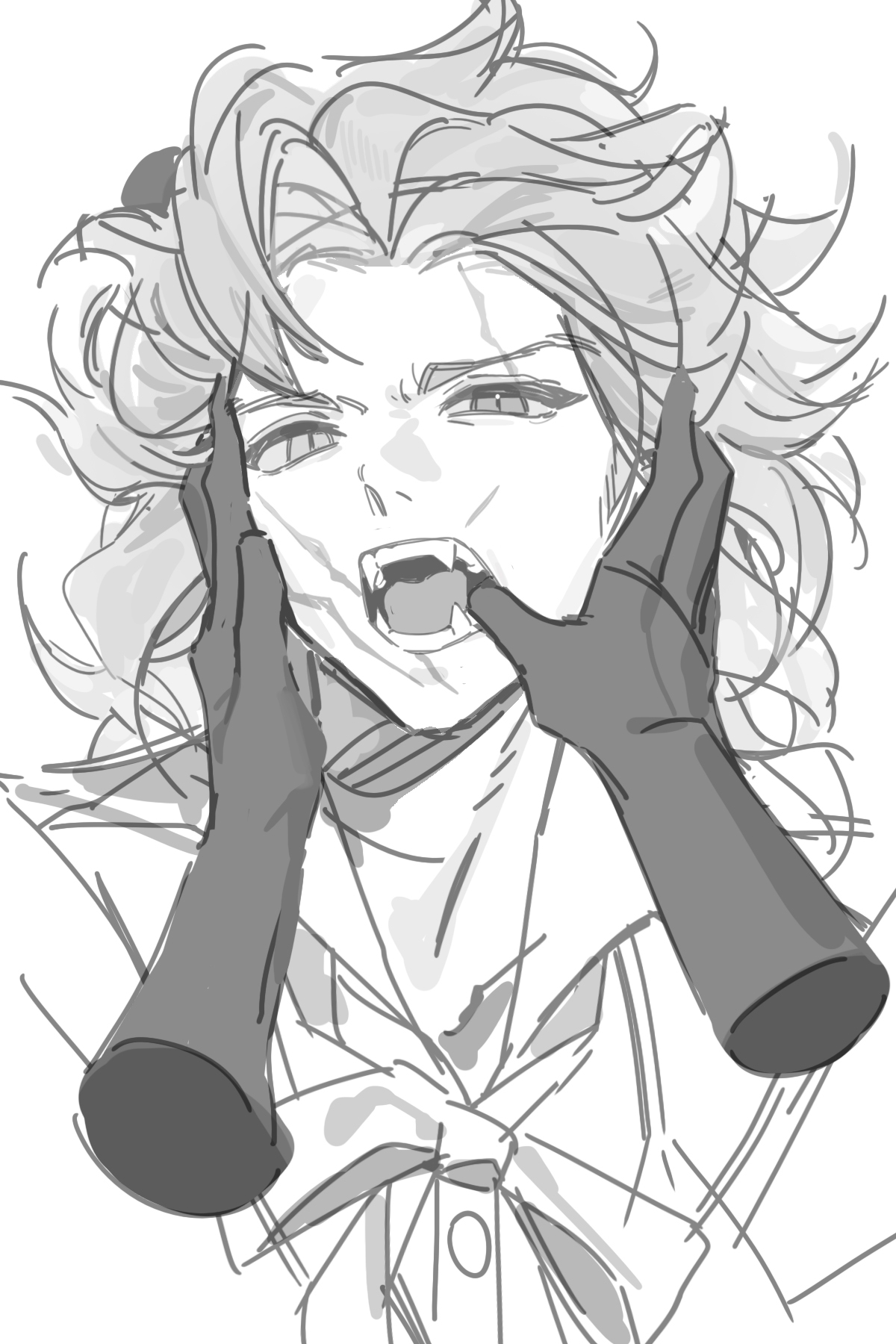 identity v, highres, 1boy, bow, disembodied hand, fangs, finger to mouth, grabbing another's face, greyscale, head grab, laji0541, looking at viewer, male focus, marcus thorne, monochrome, open mouth, scar, scar on face, wavy hair