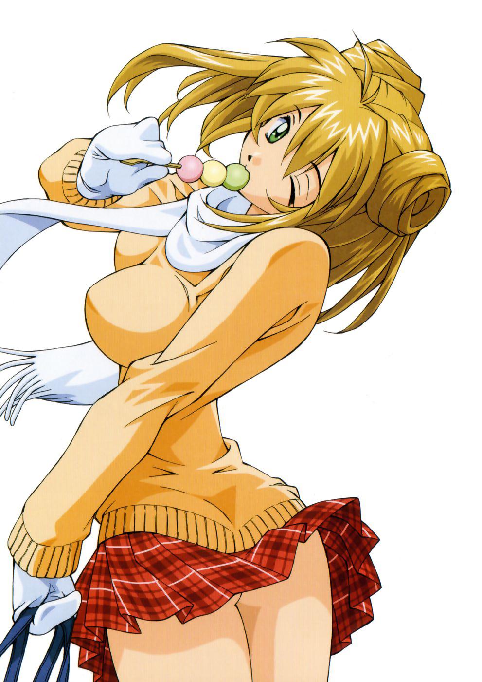 shiozaki yuji, sonsaku hakufu, ikkitousen, highres, official art, 00s, 1girl, alternate hairstyle, antenna hair, ass, bag, blonde hair, breasts, cowboy shot, dango, eating, female focus, food, from behind, gloves, green eyes, holding, large breasts, long hair, long sleeves, looking at viewer, looking back, miniskirt, mittens, one eye closed, orange hair, plaid clothes, plaid skirt, red skirt, sanshoku dango, scarf, school bag, simple background, skewer, skirt, solo, standing, twintails, wagashi, white background, white gloves, white mittens, wind, wind lift, wink