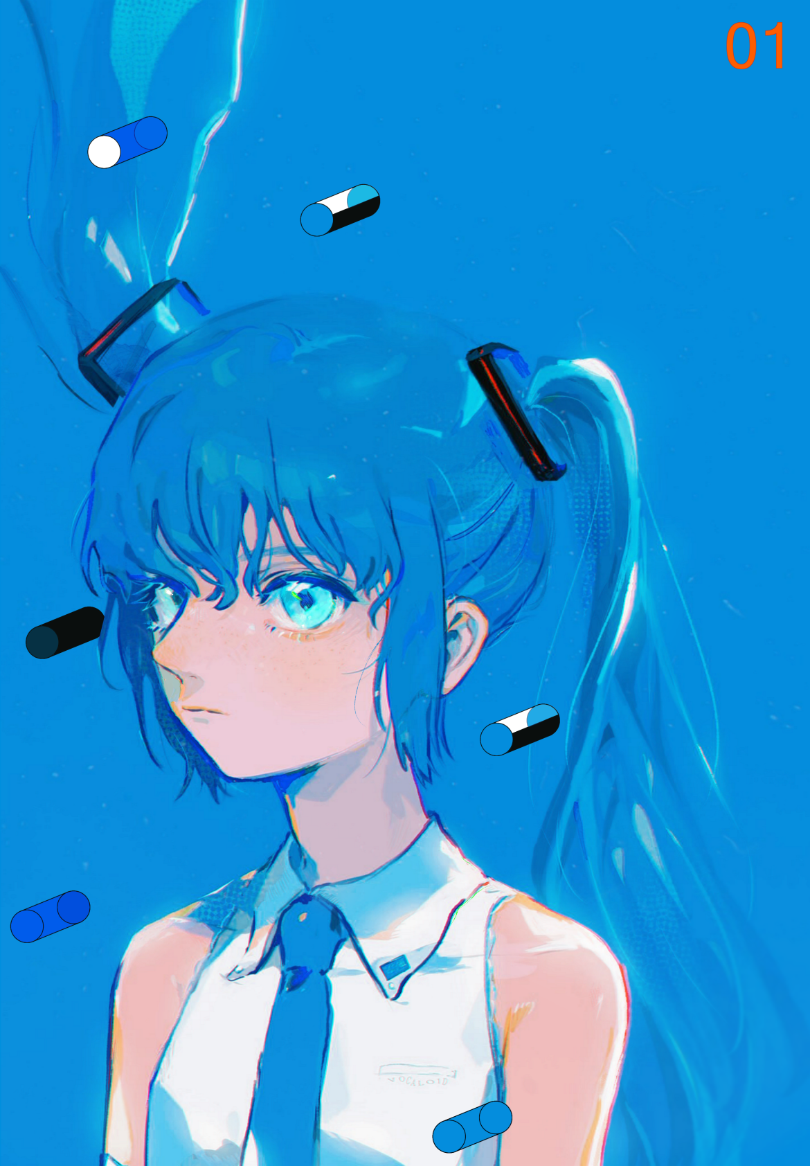 mawarusanso, hatsune miku, vocaloid, highres, 1girl, blue background, blue eyes, blue necktie, closed mouth, collared shirt, floating hair, long hair, looking at viewer, necktie, shirt, simple background, sleeveless, sleeveless shirt, solo, twintails, upper body, very long hair, white shirt