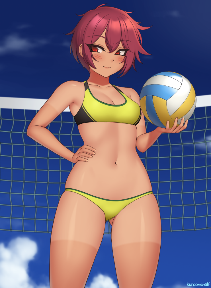 kuroonehalf, original, commission, artist name, ball, beach volleyball, bikini, blue sky, blush, breasts, cleavage, closed mouth, cloud, collarbone, dark-skinned female, dark skin, day, eyelashes, hand on own hip, holding, holding ball, navel, outdoors, red eyes, red hair, shiny skin, short hair, sky, smile, stomach, swimsuit, tan, tanline, thighs, volleyball, volleyball (object), volleyball net, yellow bikini