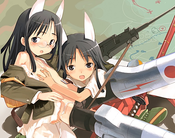 shimada fumikane, anabuki tomoko, suwa amaki, strike witches, strike witches: kurenai no majo-tachi, strike witches: suomus misfits squadron, world witches series, 00s, 2girls, animal ears, blush, glasses, mecha musume, multiple girls, panties, pantyhose, underwear, undressing