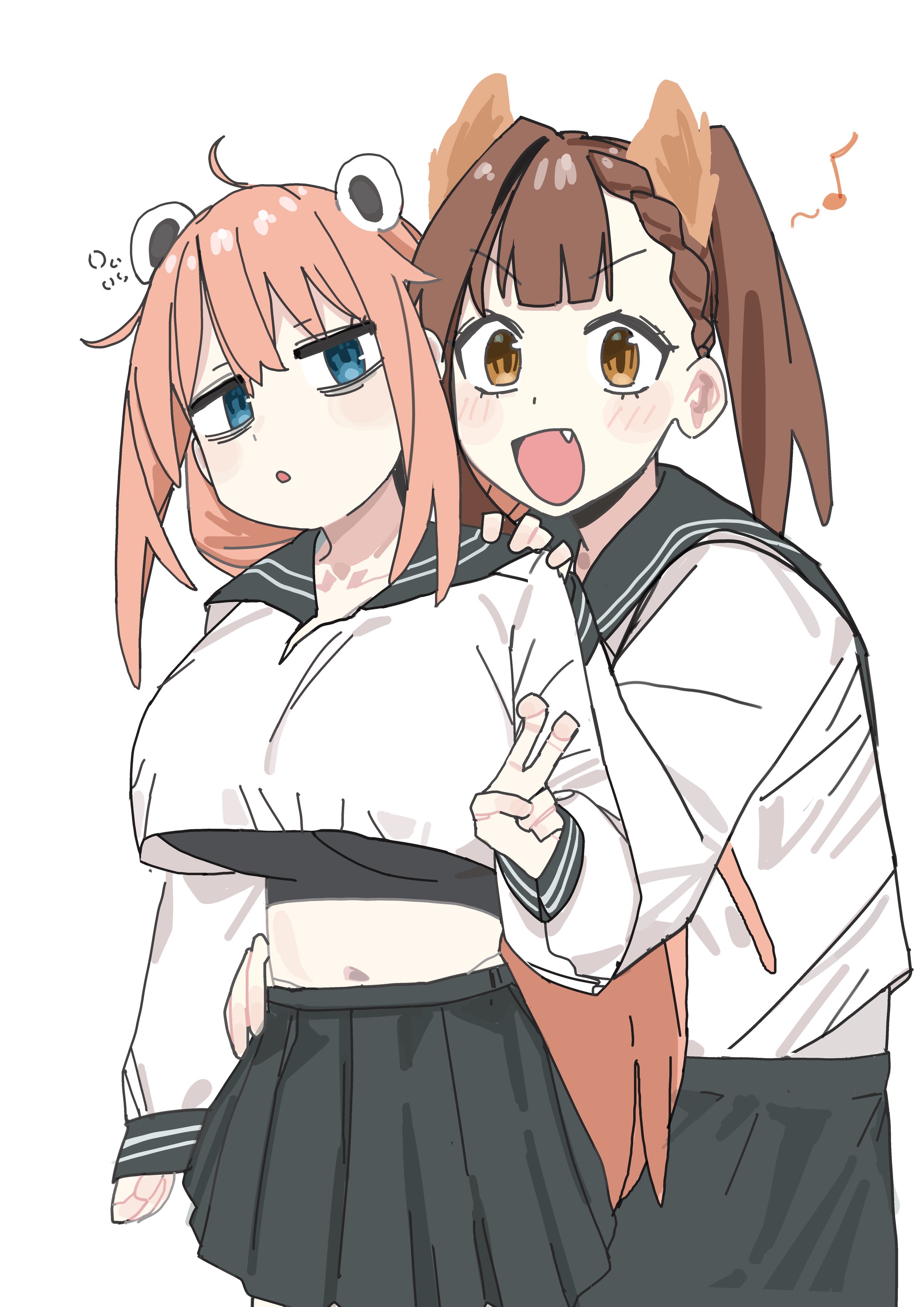 yana (muuimiingan), kotobuki hisako, michinoku komaro, seitokai ni mo ana wa aru!, absurdres, highres, 2girls, blue eyes, breasts, brown eyes, brown hair, large breasts, long hair, multiple girls, open mouth, school uniform, skirt