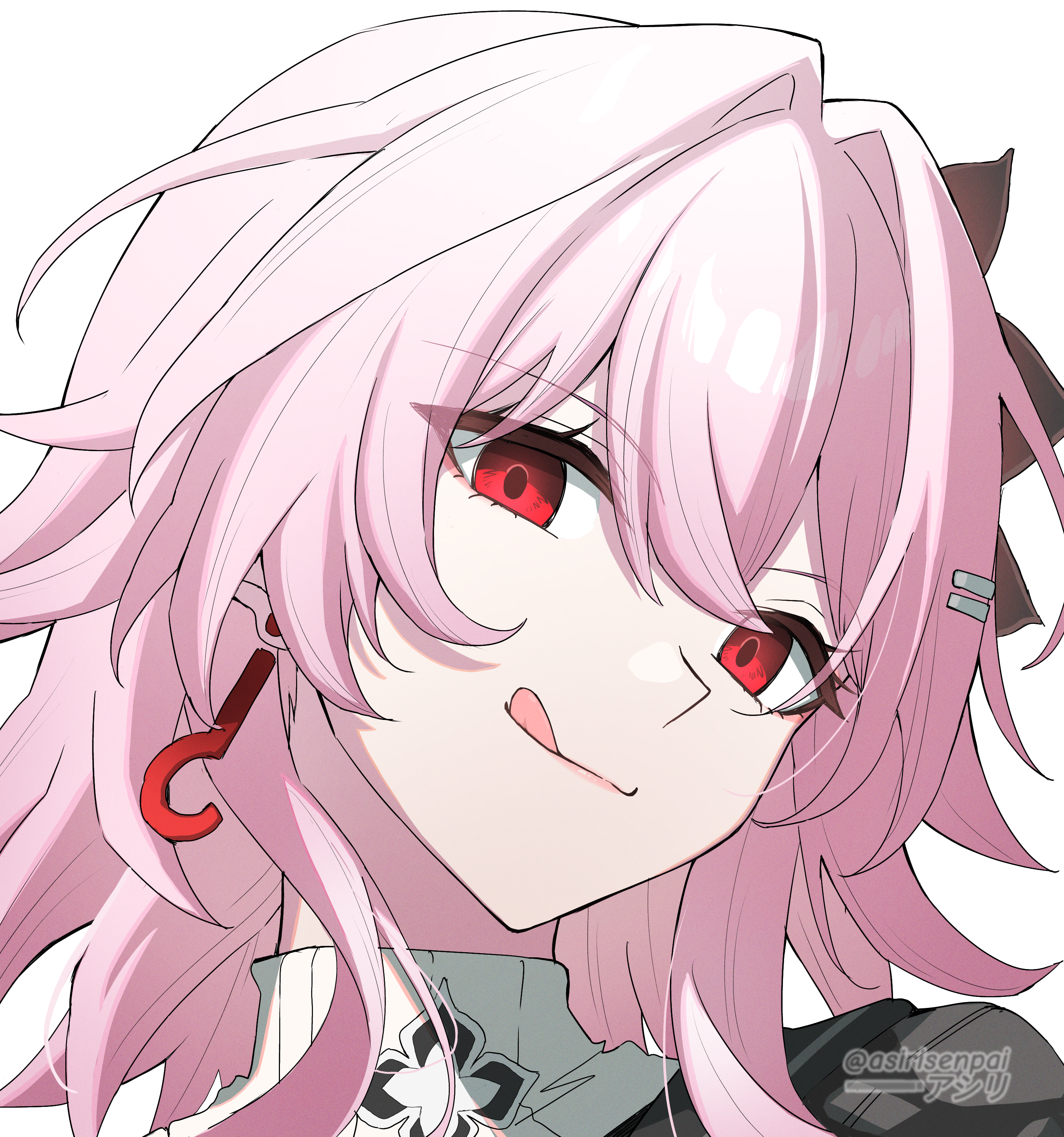 asiri senpai, evernight (honkai: star rail), march 7th (honkai: star rail), honkai: star rail, honkai (series), absurdres, commentary, highres, 1girl, :q, closed mouth, earrings, hair between eyes, hair intakes, hair ornament, hairclip, jewelry, long hair, looking at viewer, parallel hairclips, pink hair, portrait, red eyes, simple background, single earring, smile, solo, tongue, tongue out, twitter username, white background