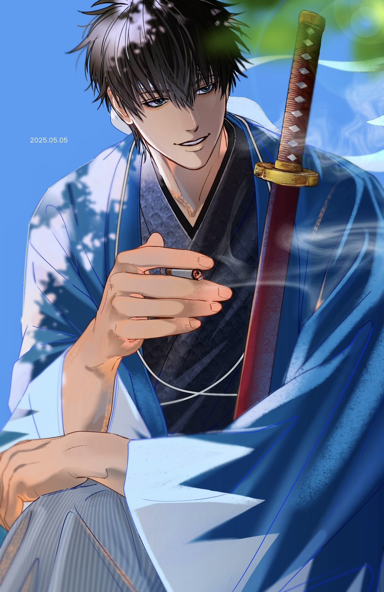 kihn gm, hijikata toushirou, gintama, commentary request, highres, 1boy, between fingers, black eyes, black hair, blue kimono, cigarette, dated, fingernails, hair between eyes, holding, japanese clothes, kimono, large hands, male focus, parted lips, short hair, smoke, smoking, solo, sword, upper body, weapon