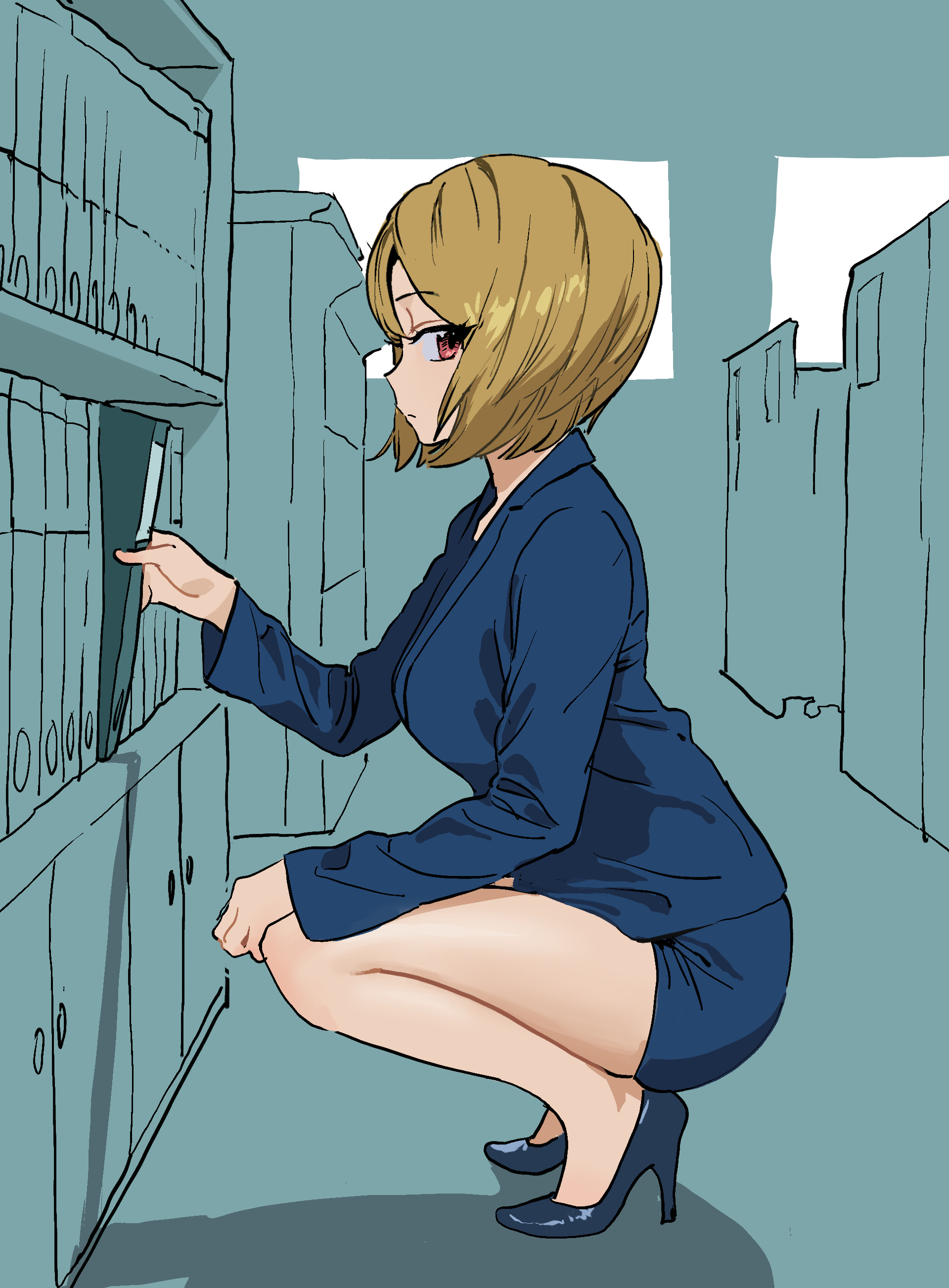 some1else45, sekoshi (some1else45), original, absurdres, commentary, highres, 1girl, bare legs, blonde hair, blue jacket, blue shorts, blue skirt, breasts, from behind, high heels, indoors, jacket, looking at viewer, medium breasts, office lady, profile, short hair, shorts, sideways glance, skirt, solo, squatting
