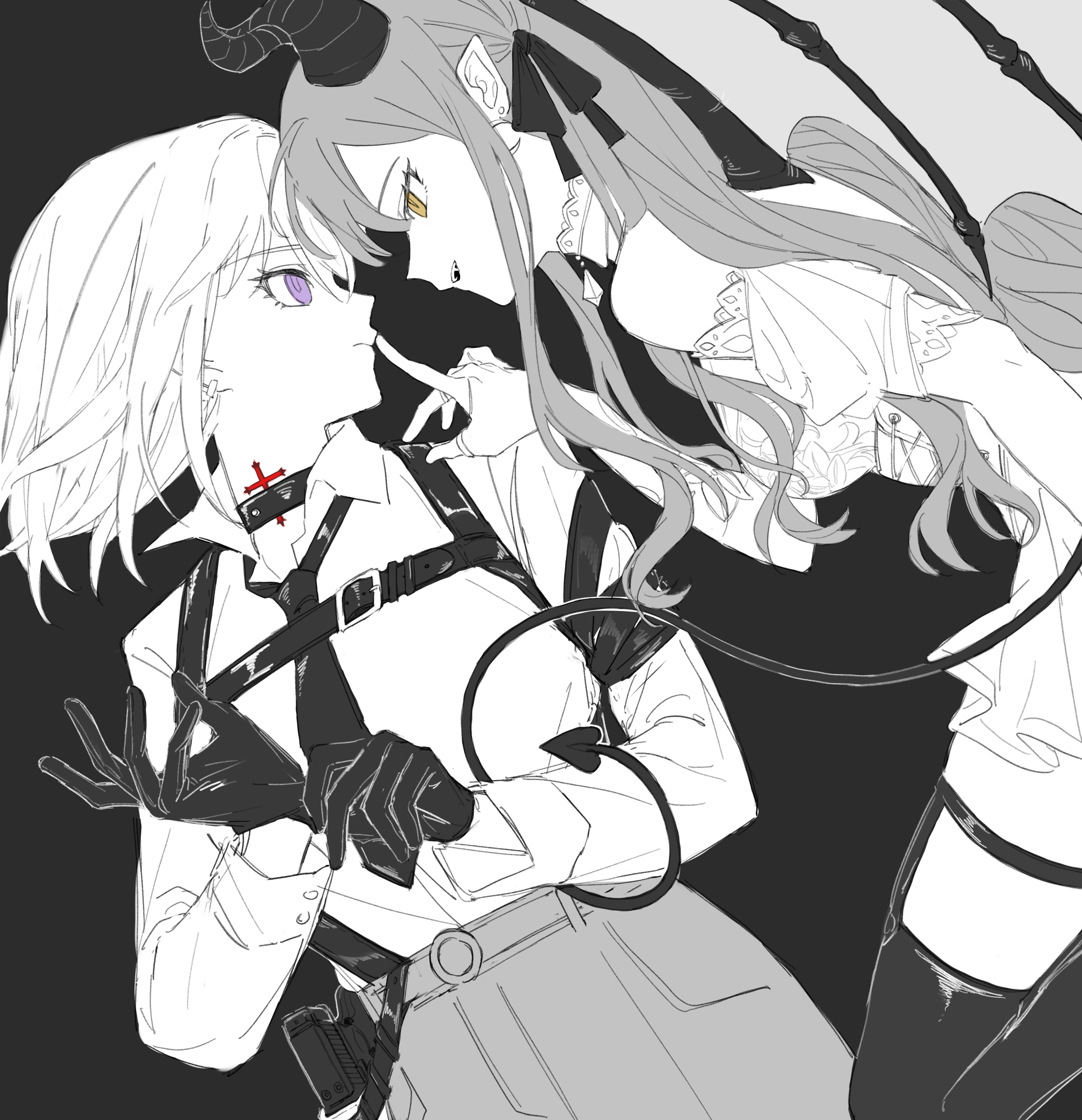 omo cccc, misumi uika, togawa sakiko, bang dream!, bang dream! it's mygo!!!!!, absurdres, chinese commentary, commentary request, highres, 2girls, closed mouth, fang, garter straps, gloves, grey background, horns, long hair, medium hair, multiple girls, open mouth, pointy ears, purple eyes, putting on gloves, sidelocks, simple background, spot color, thighhighs, yellow eyes, yuri