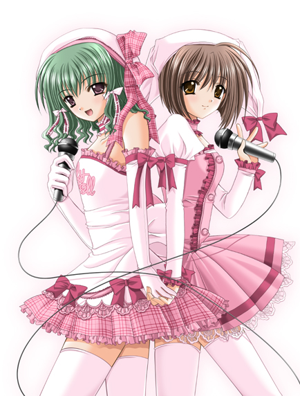 nishimata aoi, lovely idol, 2girls, back-to-back, bow, brown eyes, brown hair, elbow gloves, gloves, green hair, hat, idol, microphone, multiple girls, ribbon, thighhighs