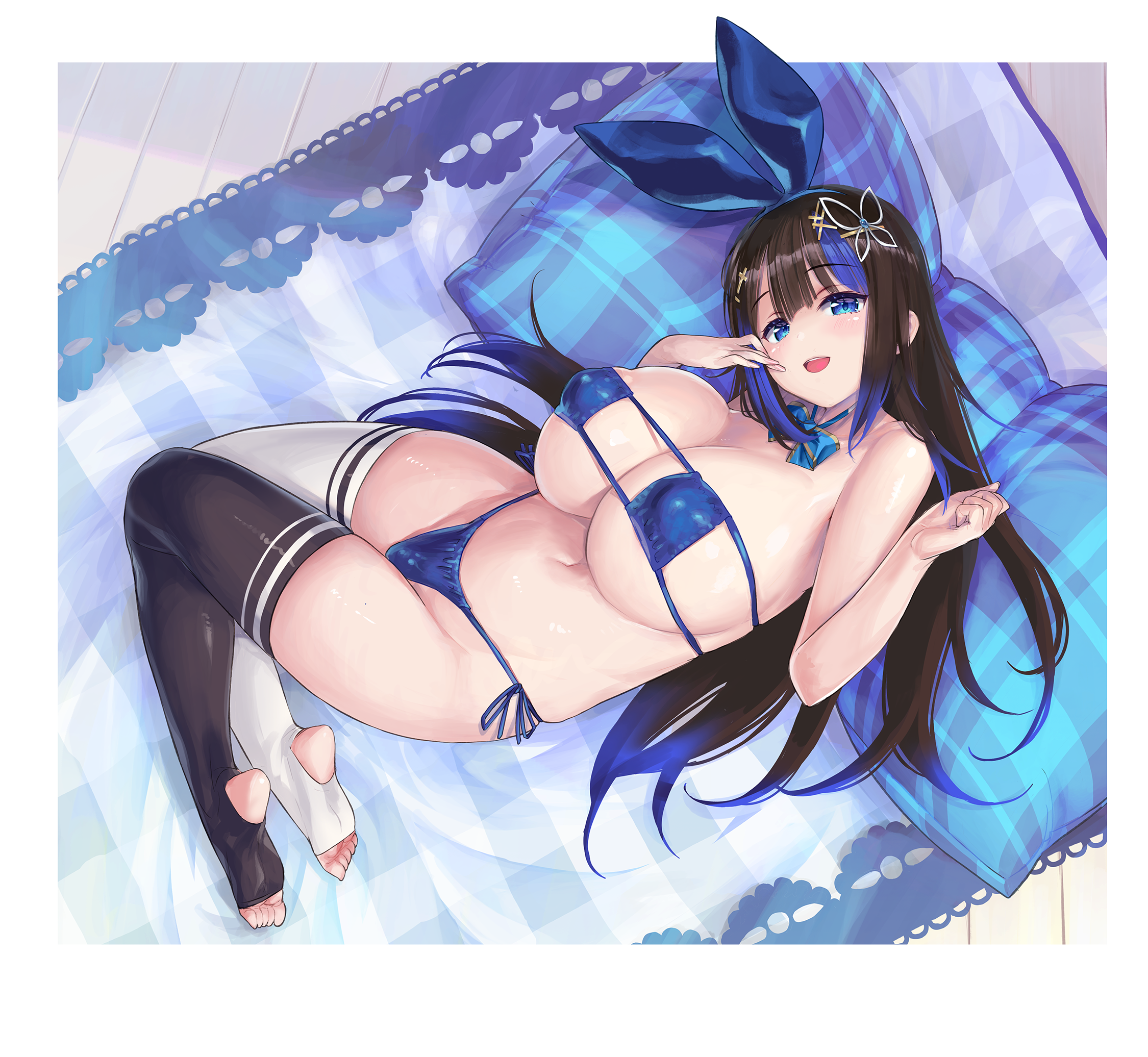 kiyama satoshi, original, commentary request, highres, variant set, 1girl, asymmetrical legwear, bikini, black hair, black thighhighs, blue bikini, blue eyes, blue hair, blush, border, borrowed clothes, breasts, bunny day, butterfly hair ornament, eyepatch bikini, gradient hair, hair ornament, hair ribbon, huge breasts, long hair, lying, mismatched legwear, multicolored hair, on side, open mouth, playboy bunny, ribbon, side-tie bikini bottom, sidelocks, smile, solo, streaked hair, swimsuit, teeth, thighhighs, two-tone hair, upper teeth only, white border, white thighhighs, wooden floor, x hair ornament