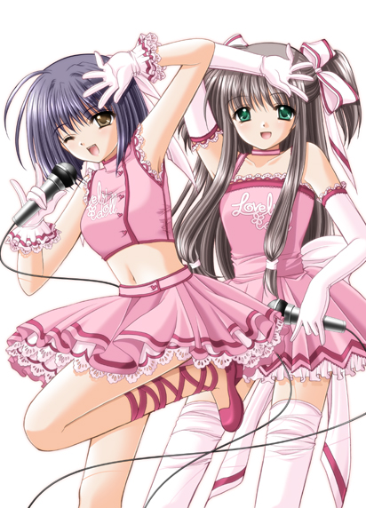 nishimata aoi, lovely idol, 2girls, blue hair, brown eyes, brown hair, elbow gloves, gloves, green eyes, idol, midriff, multiple girls, ribbon, thighhighs, twintails, wink