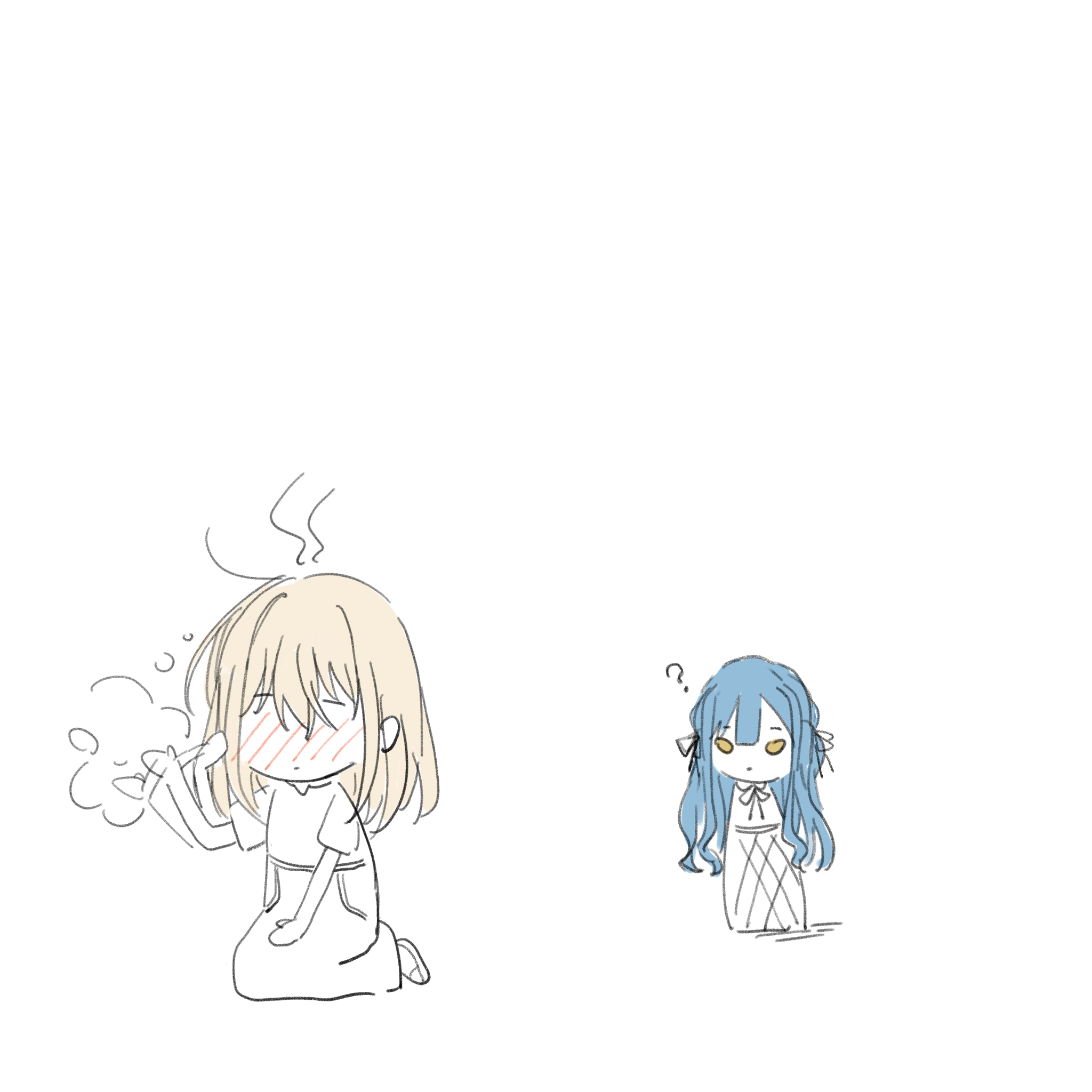 omo cccc, misumi uika, togawa sakiko, bang dream!, bang dream! it's mygo!!!!!, chinese commentary, commentary request, highres, 2girls, blonde hair, blue hair, blush, hair ribbon, long hair, medium hair, multiple girls, ribbon, shirt, short sleeves, sidelocks, simple background, steaming body, white background, yellow eyes