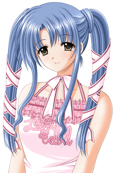 nishimata aoi, lovely idol, blue hair, bow, brown eyes, choker, hair ribbon, idol, ribbon, solo, twintails