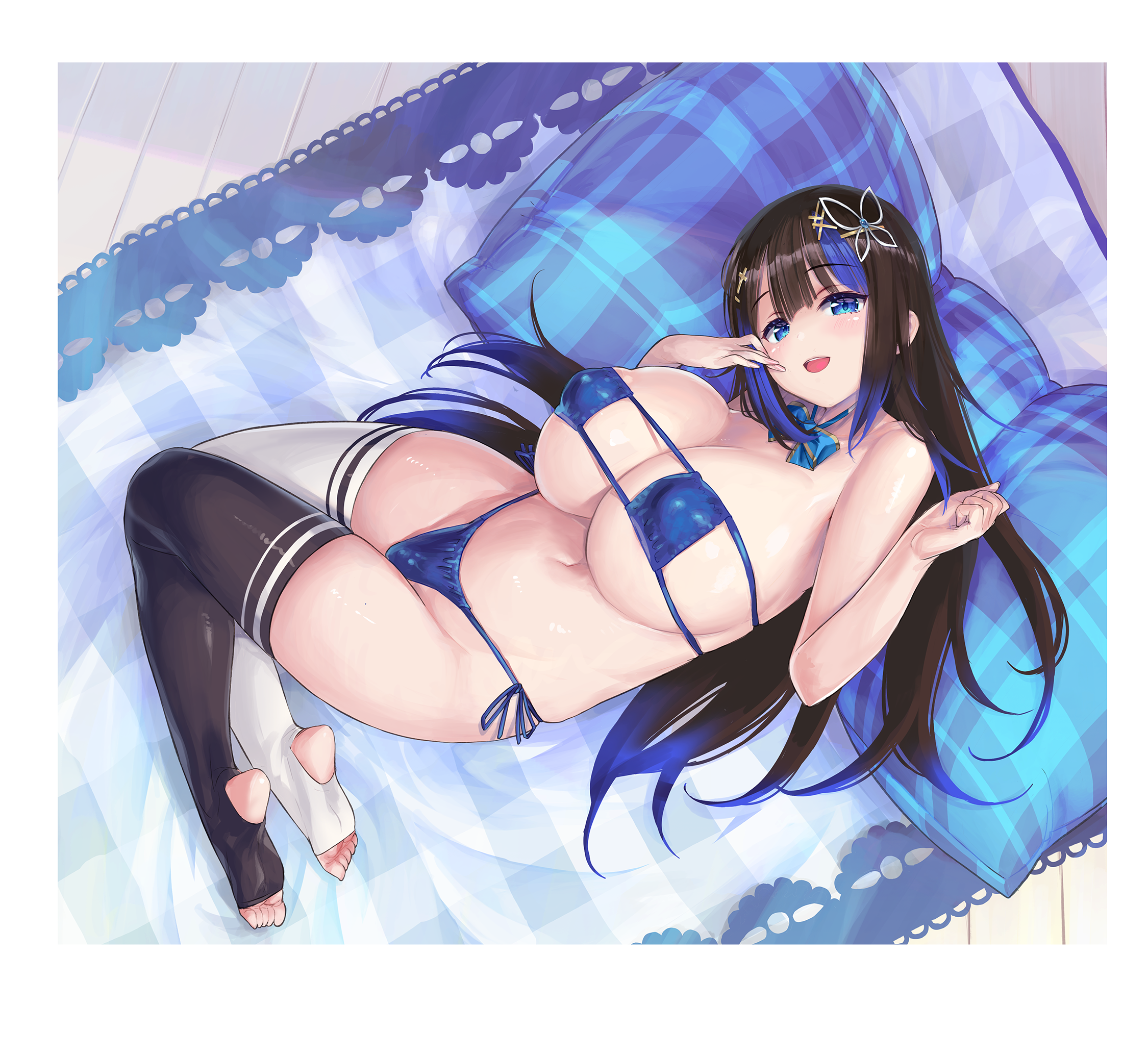 kiyama satoshi, original, commentary request, highres, variant set, 1girl, asymmetrical legwear, bikini, black hair, black thighhighs, blue bikini, blue eyes, blue hair, blush, border, borrowed clothes, breasts, bunny day, butterfly hair ornament, eyepatch bikini, gradient hair, hair ornament, huge breasts, long hair, lying, mismatched legwear, multicolored hair, on side, open mouth, playboy bunny, ribbon, side-tie bikini bottom, sidelocks, smile, solo, streaked hair, swimsuit, teeth, thighhighs, two-tone hair, upper teeth only, white border, white thighhighs, wooden floor, x hair ornament