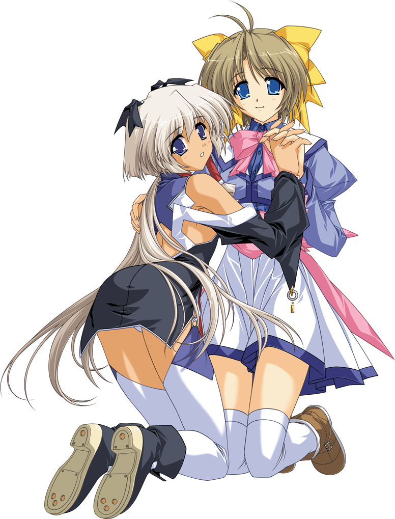 katase yuki, mizuiro, silver hair, 00s, 2girls, blue eyes, bow, brown hair, multiple girls, pink bow, purple eyes, school uniform, serafuku, thighhighs, yellow bow, yuri