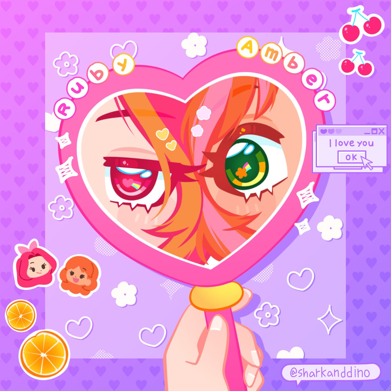 orange amber (rainbow bubblegem), red ruby (rainbow bubblegem), rainbow bubblegem, commentary request, highres, korean commentary, 2girls, character name, cherry, english text, food, fruit, hand mirror, heart, heart-shaped mirror, heart background, heart in eye, holding, holding mirror, looking at another, looking to the side, mirror, multiple girls, orange (fruit), orange hair, orange slice, pink hair, purple background, reflection, sharkanddino, simple background, symbol in eye, twitter username, window (computing), yuri