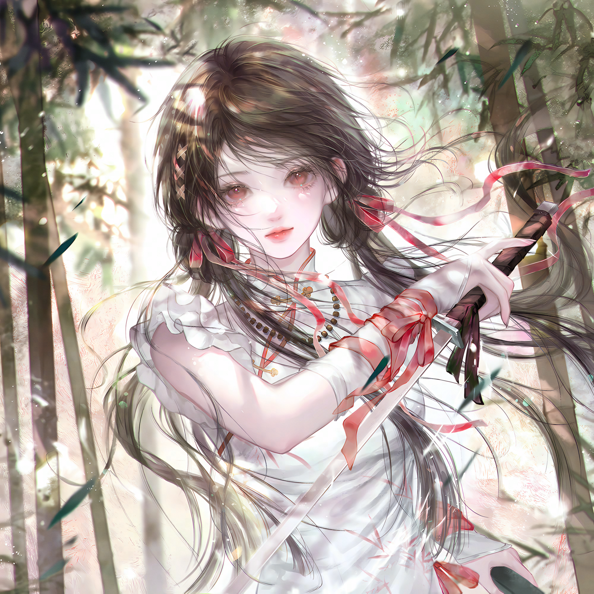 original, highres, 1girl, black hair, brown hair, chinese clothes, dress, forest, hair ribbon, holding, holding sword, holding weapon, long hair, looking at viewer, nature, red eyes, red ribbon, ribbon, solo, sword, twintails, upper body, weapon, white dress, yuxia1