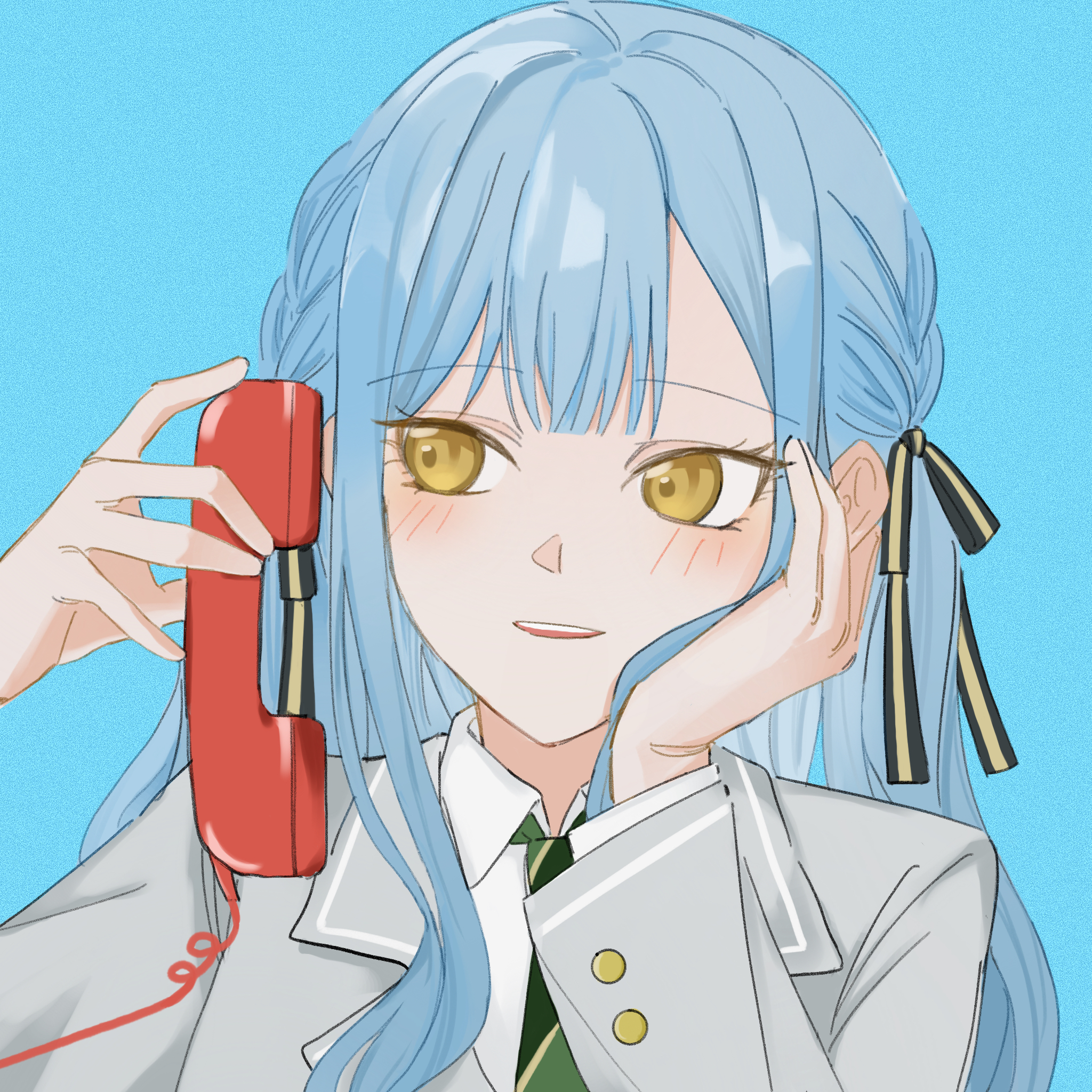 omo cccc, togawa sakiko, bang dream!, bang dream! it's mygo!!!!!, chinese commentary, commentary request, highres, 1girl, black ribbon, blue background, blue hair, blush, hair ribbon, haneoka school uniform, head rest, long hair, open mouth, phone, ribbon, school uniform, sidelocks, simple background, solo, teeth, upper body, upper teeth only, yellow eyes
