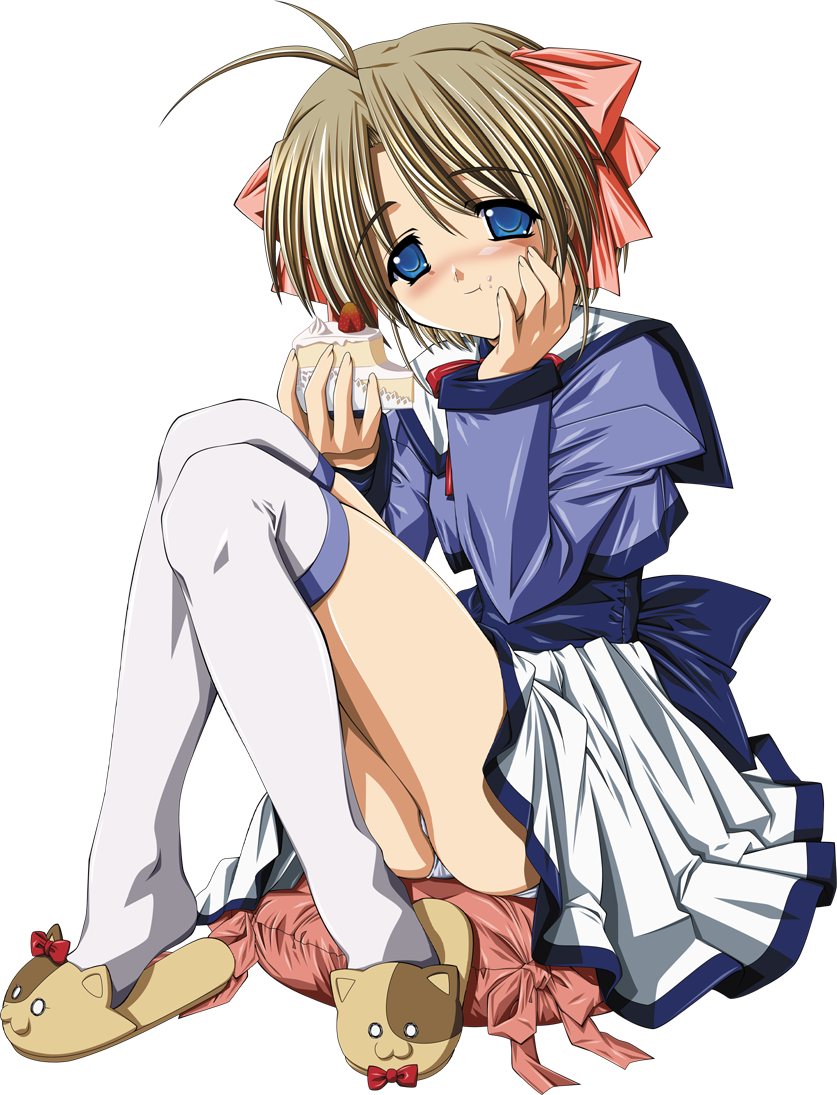 katase yuki, mizuiro, 00s, 1girl, blonde hair, blue eyes, bow, cake, dessert, eating, female focus, food, panties, pastry, pillow, pink bow, school uniform, serafuku, sitting, slippers, solo, thighhighs, underwear